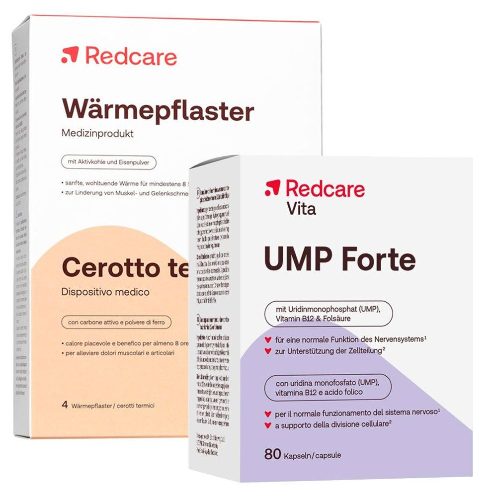 Drie productverpakkingen. Redcare Wärmepflaster, Cerotto te en Redcare Vita UMP Forte. Tekst op verpakkingen.