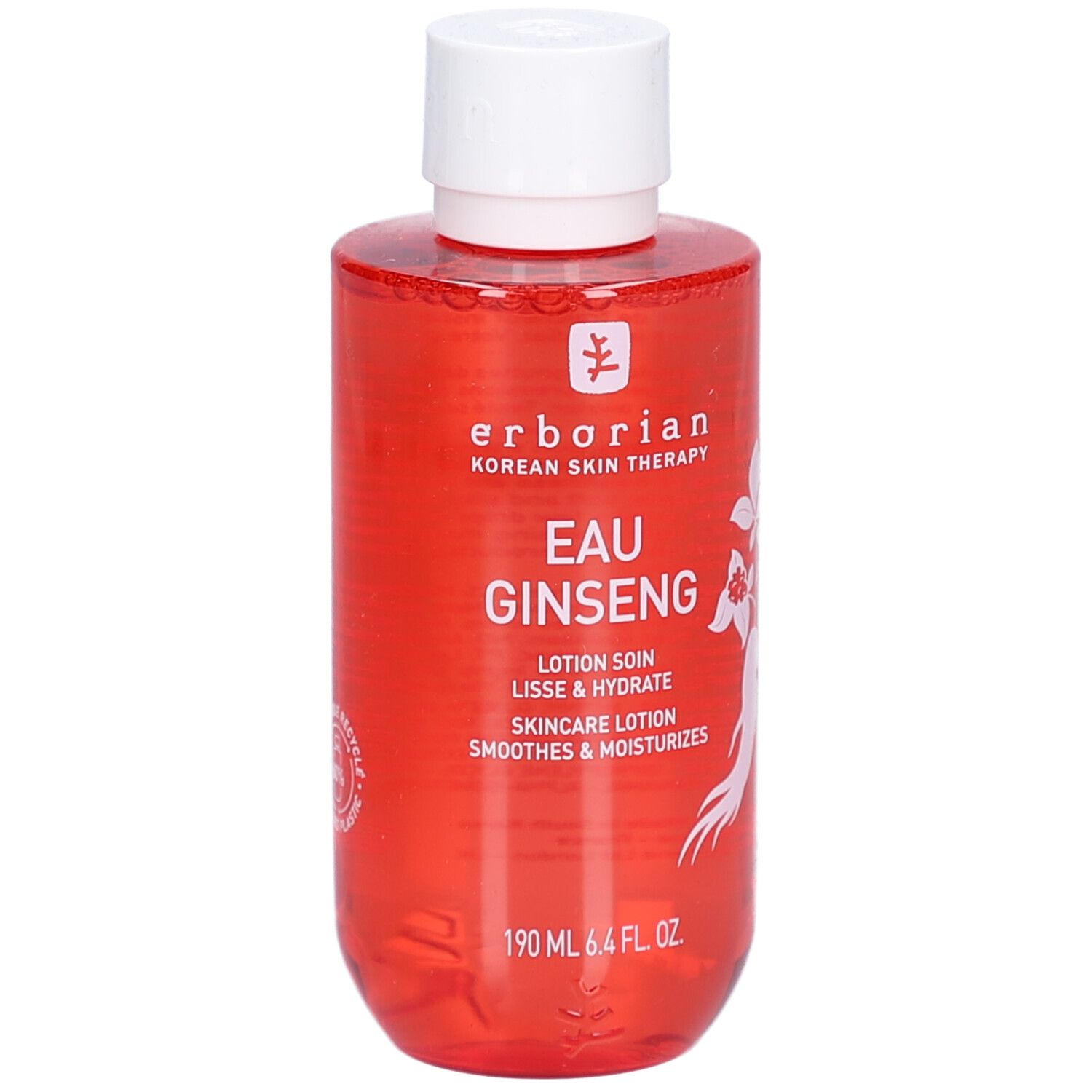 Flacon rouge avec bouchon blanc. Inscription: Eau Ginseng, Lotion Soin, Lisse & Hydrate, Skincare Lotion, Smoothes & Moisturizes. Marque: Erborian.