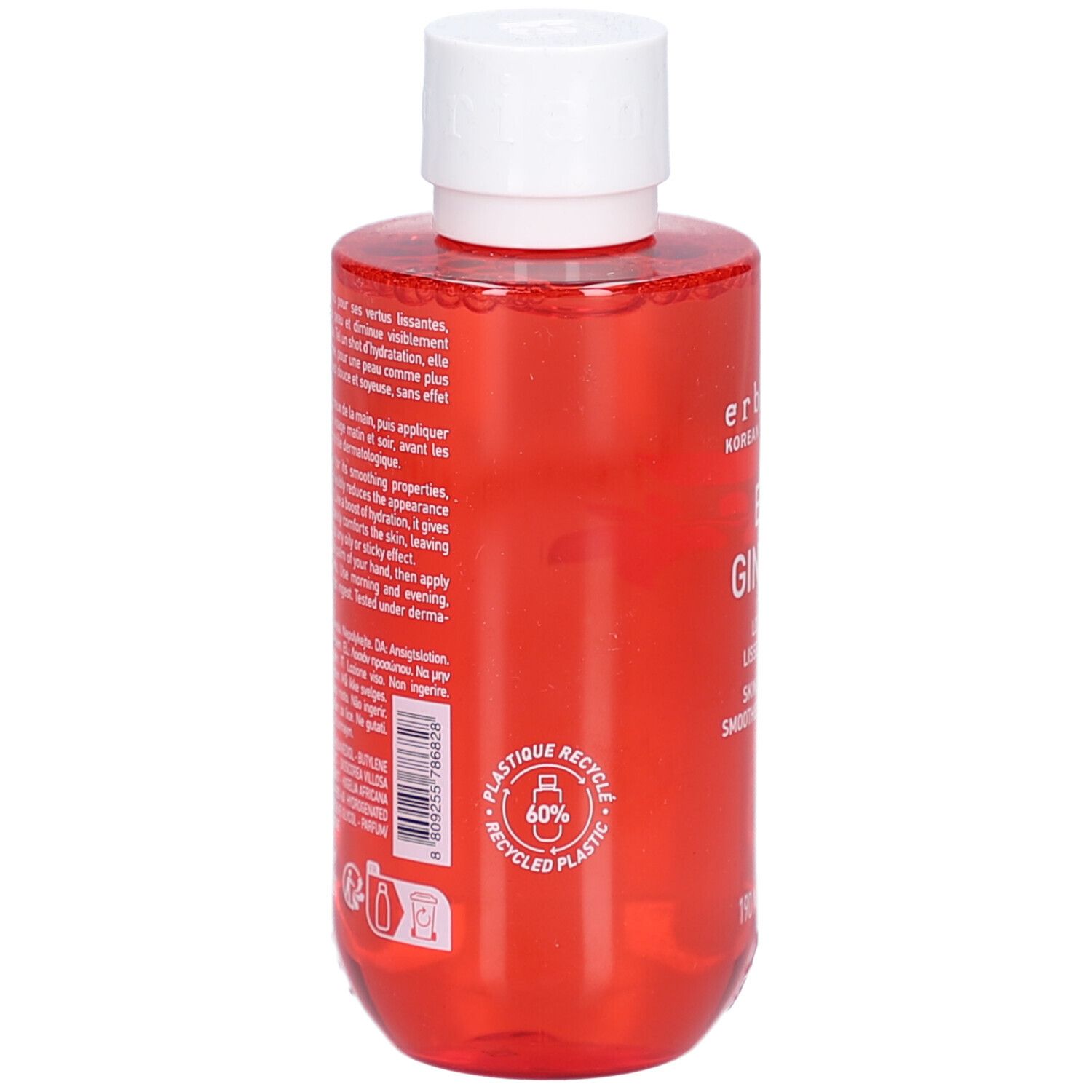 Flacon rouge avec bouchon blanc. Dos avec texte et logo de recyclage. Inscription: 60% plastique recyclé.