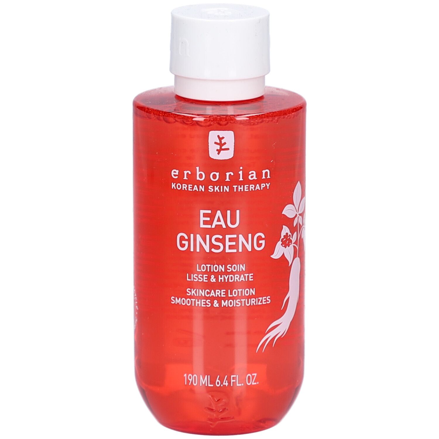 Flacon rouge avec bouchon blanc. Inscription: Eau Ginseng, Lotion Soin, Lisse & Hydrate, Skincare Lotion, Smoothes & Moisturizes. Marque: Erborian.