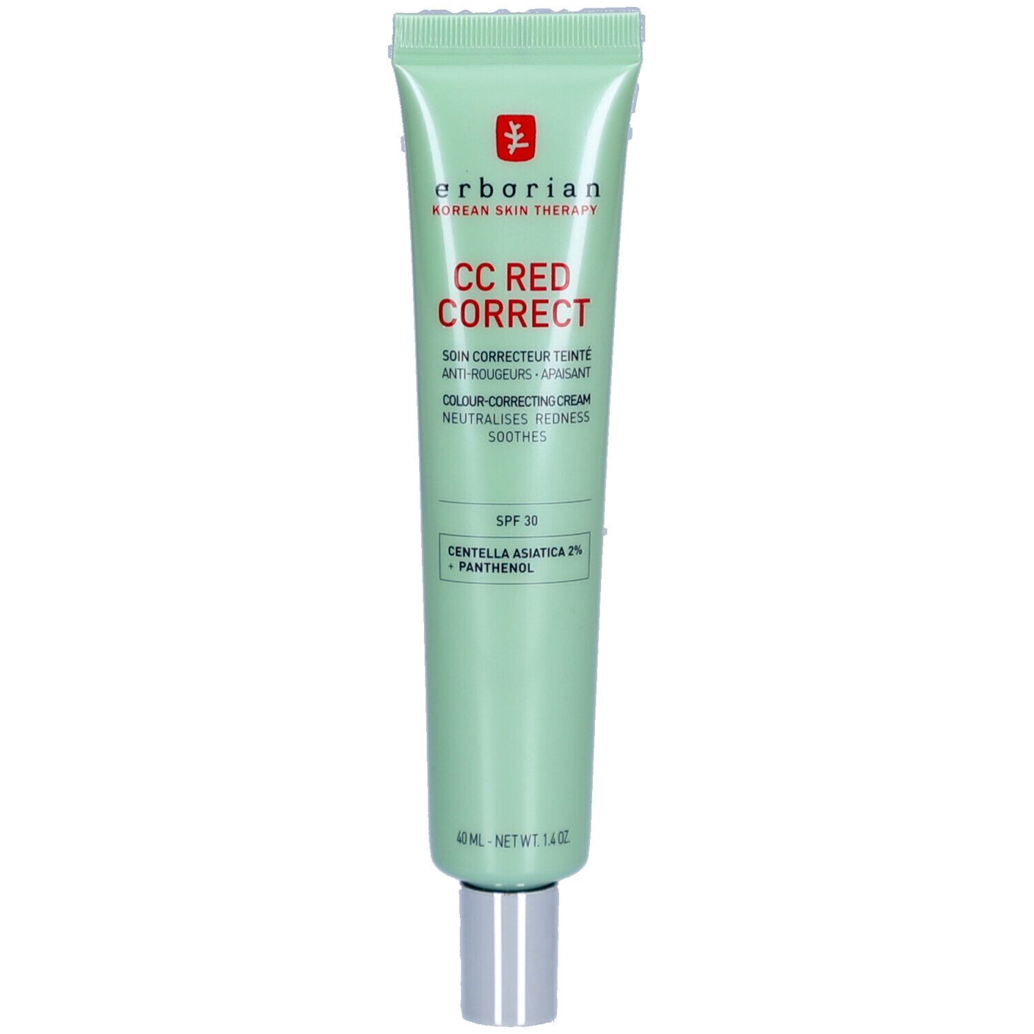 Tube verte avec bouchon argenté. Inscription: CC RED CORRECT, SPF 30. Contient Centella Asiatica 2% + Panthénol.
