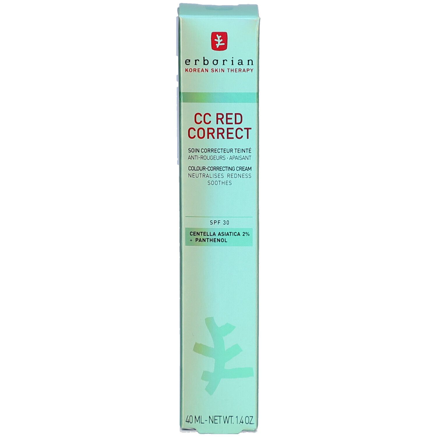 Boîte avec inscription CC RED CORRECT. Contient SPF 30 et Centella Asiatica 2% + Panthénol. Couleur verte.