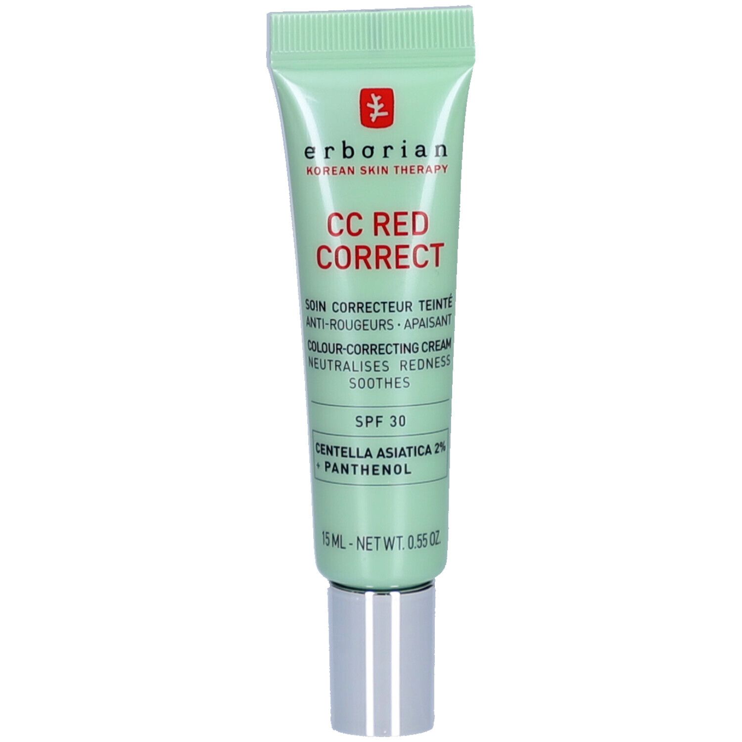 Tube verte avec bouchon argenté. Contient CC RED CORRECT Crème. Texte: SPF 30, Centella Asiatica 2% + Panthénol.