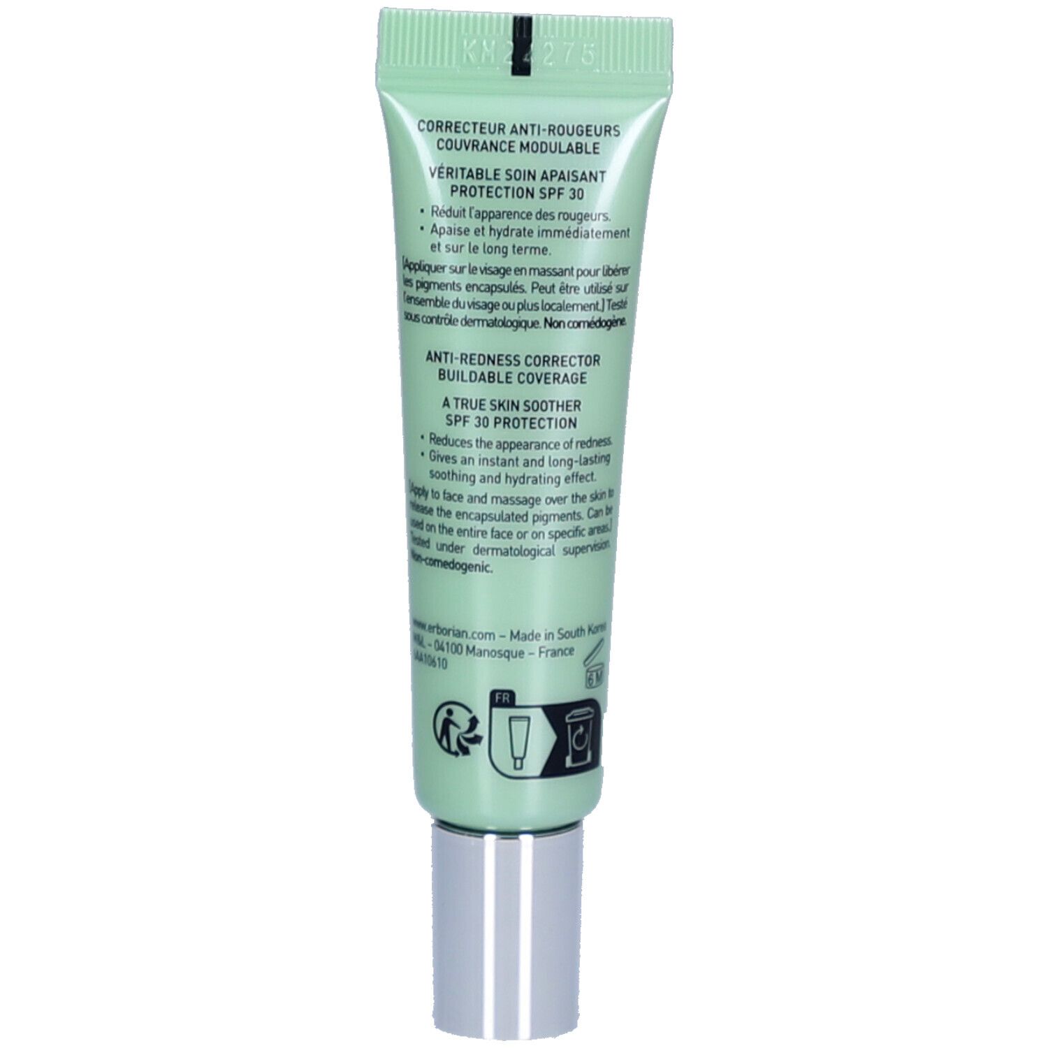 Dos du tube vert. Texte: Correcteur anti-rougeurs, protection SPF 30. Contient des informations d'utilisation.