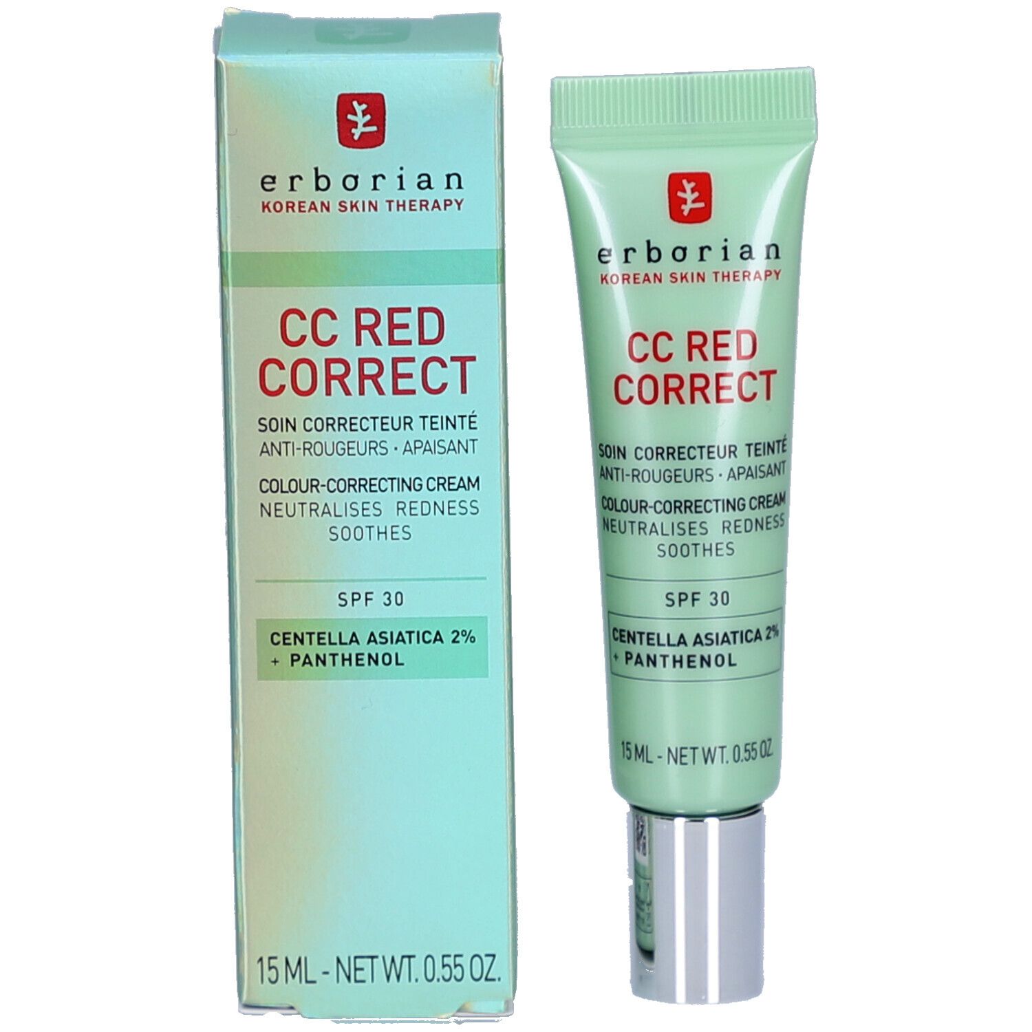 Emballage du produit avec tube. Boîte et tube affichent CC RED CORRECT Crème. Texte: SPF 30, Centella Asiatica 2% + Panthénol.