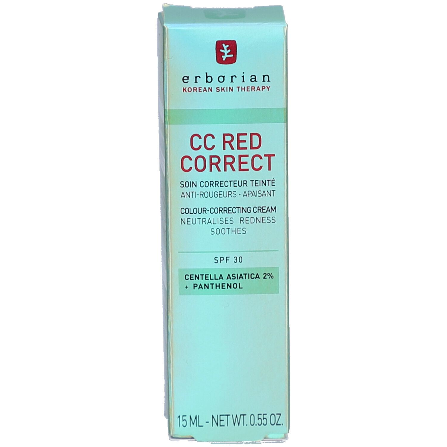 Emballage du produit. Boîte affiche CC RED CORRECT Crème. Texte: SPF 30, Centella Asiatica 2% + Panthénol.