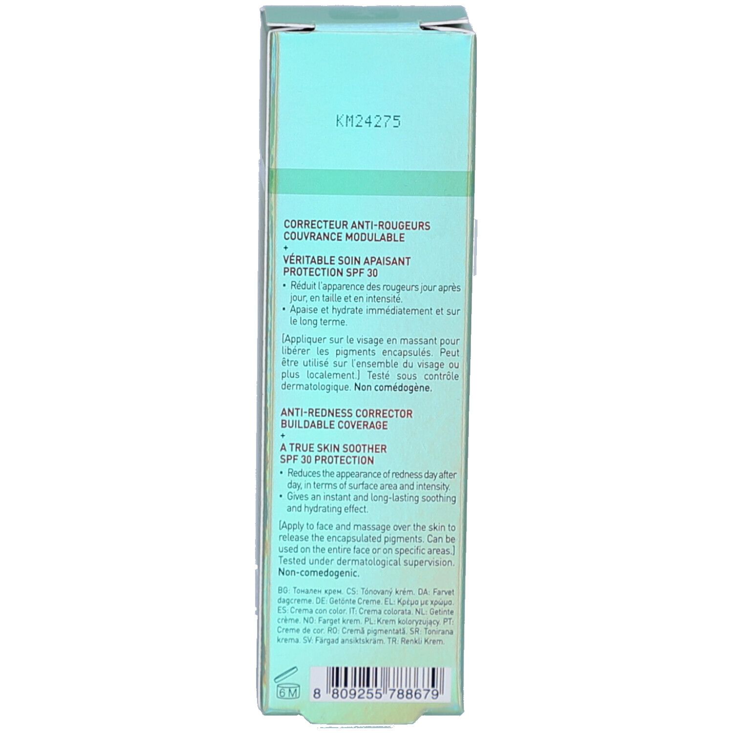 Côté de l'emballage du produit. Texte: Correcteur anti-rougeurs, protection SPF 30. Informations d'utilisation.