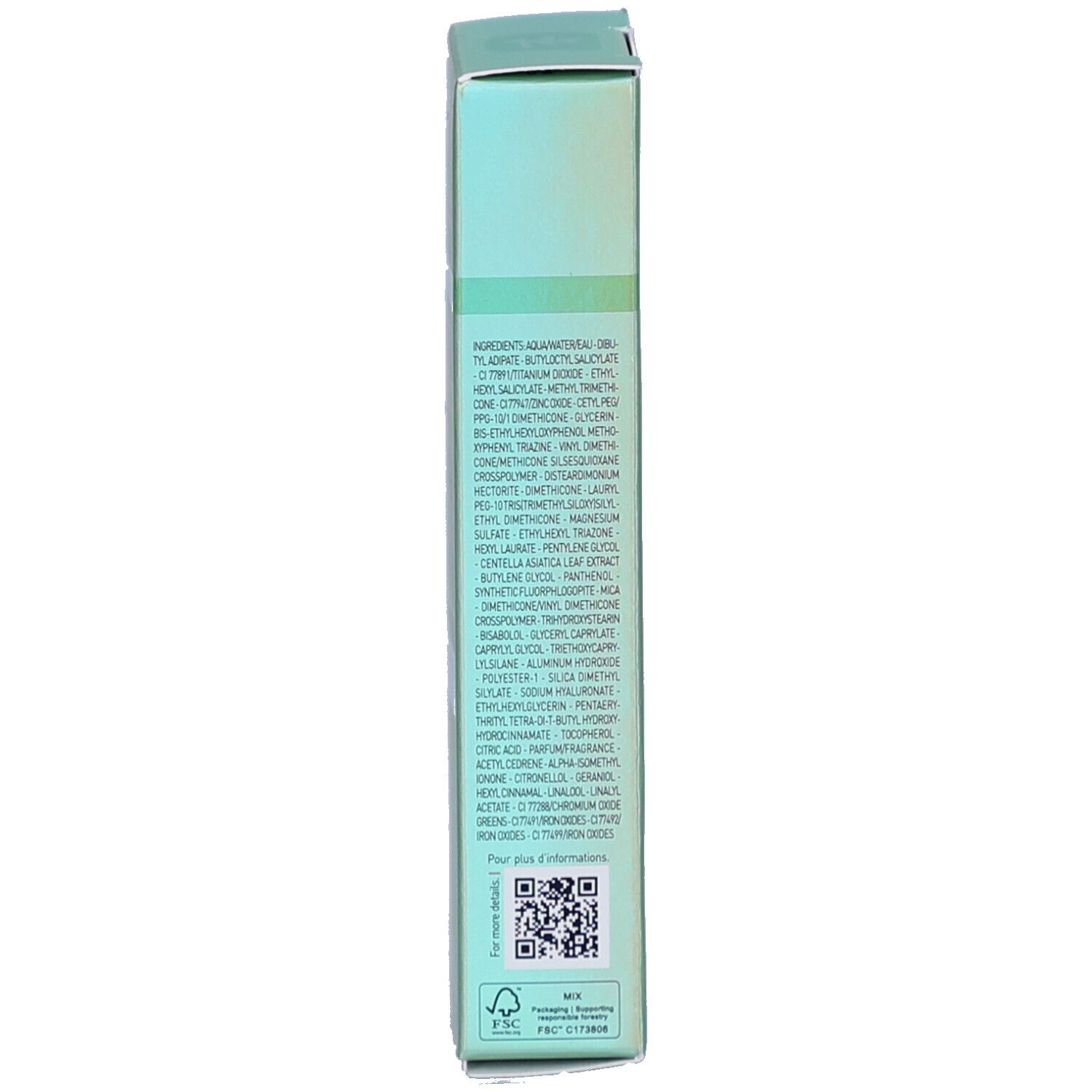 Côté de l'emballage du produit. Liste des ingrédients. Code QR et logos.