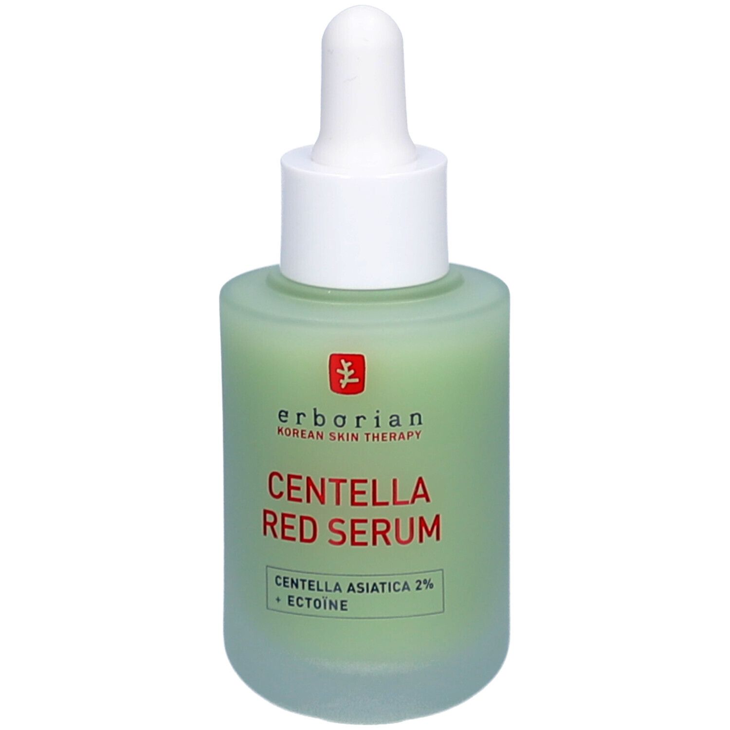 Groene glazen fles met witte dop en pipet. Opschrift CENTELLA RED SERUM. Merk: Erborian.
