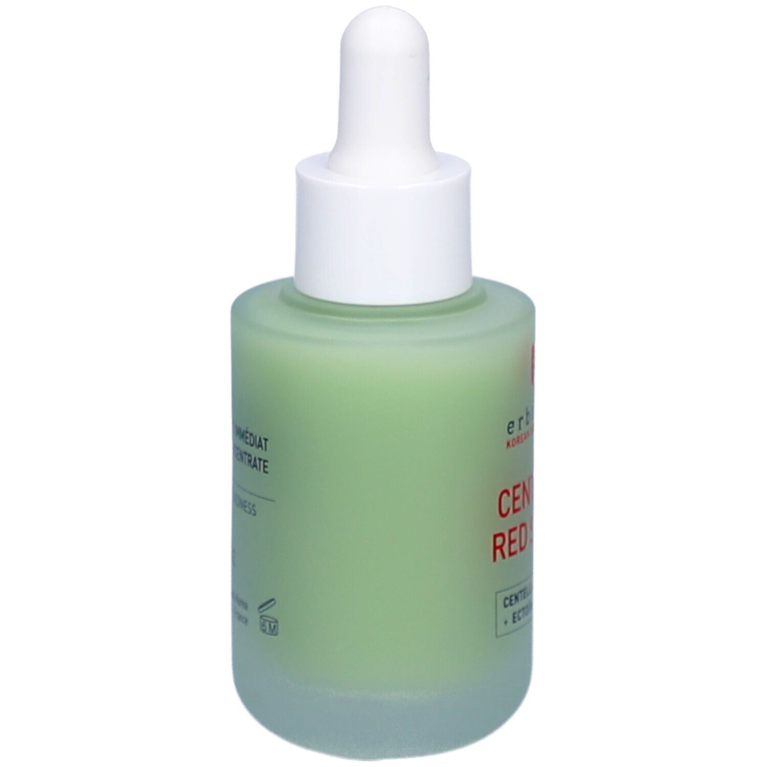 Groene glazen fles met witte dop en pipet. Opschrift CENTELLA RED SERUM. Merk: Erborian.
