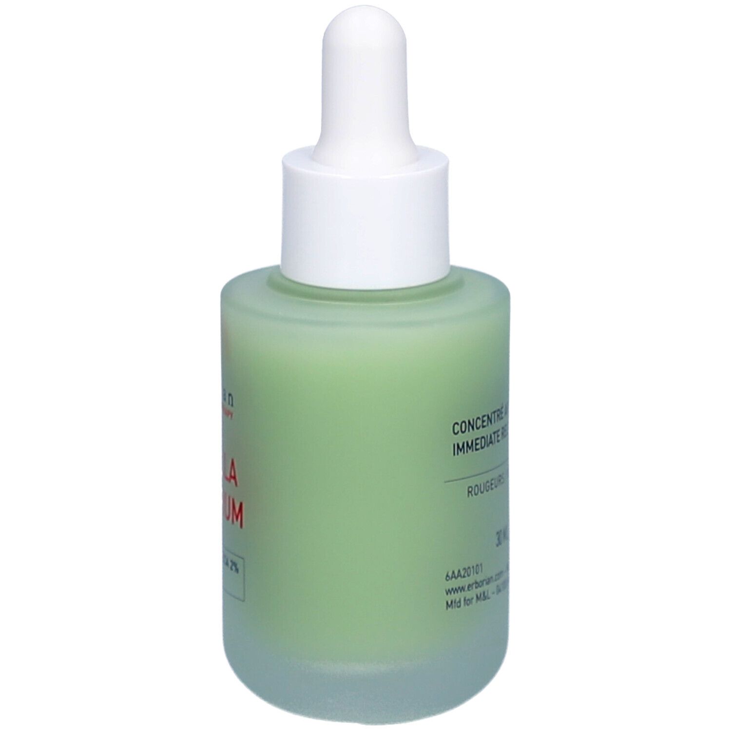 Groene glazen fles met witte dop en pipet. Opschrift CENTELLA RED SERUM. Merk: Erborian.