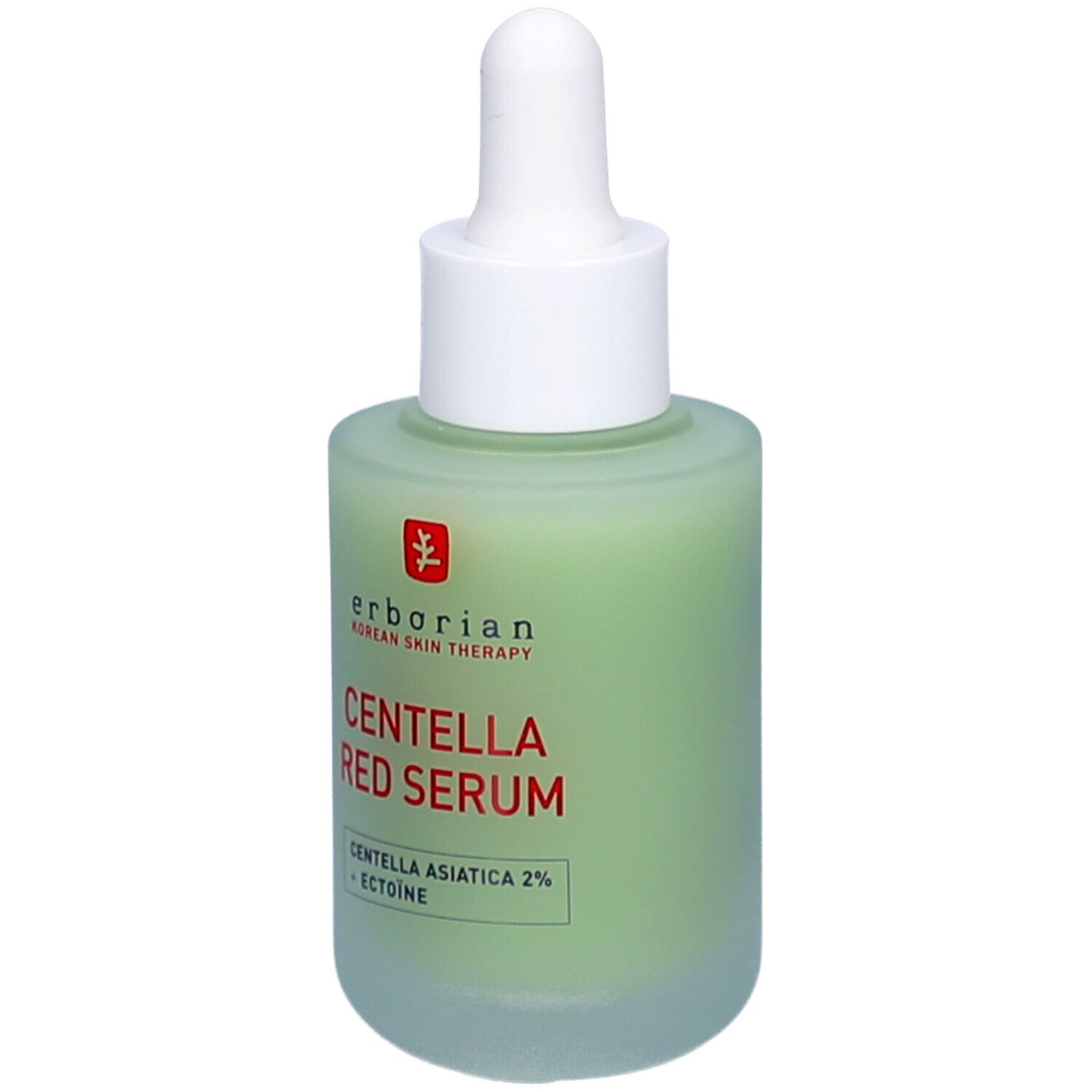 Groene glazen fles met witte dop en pipet. Opschrift CENTELLA RED SERUM. Merk: Erborian.