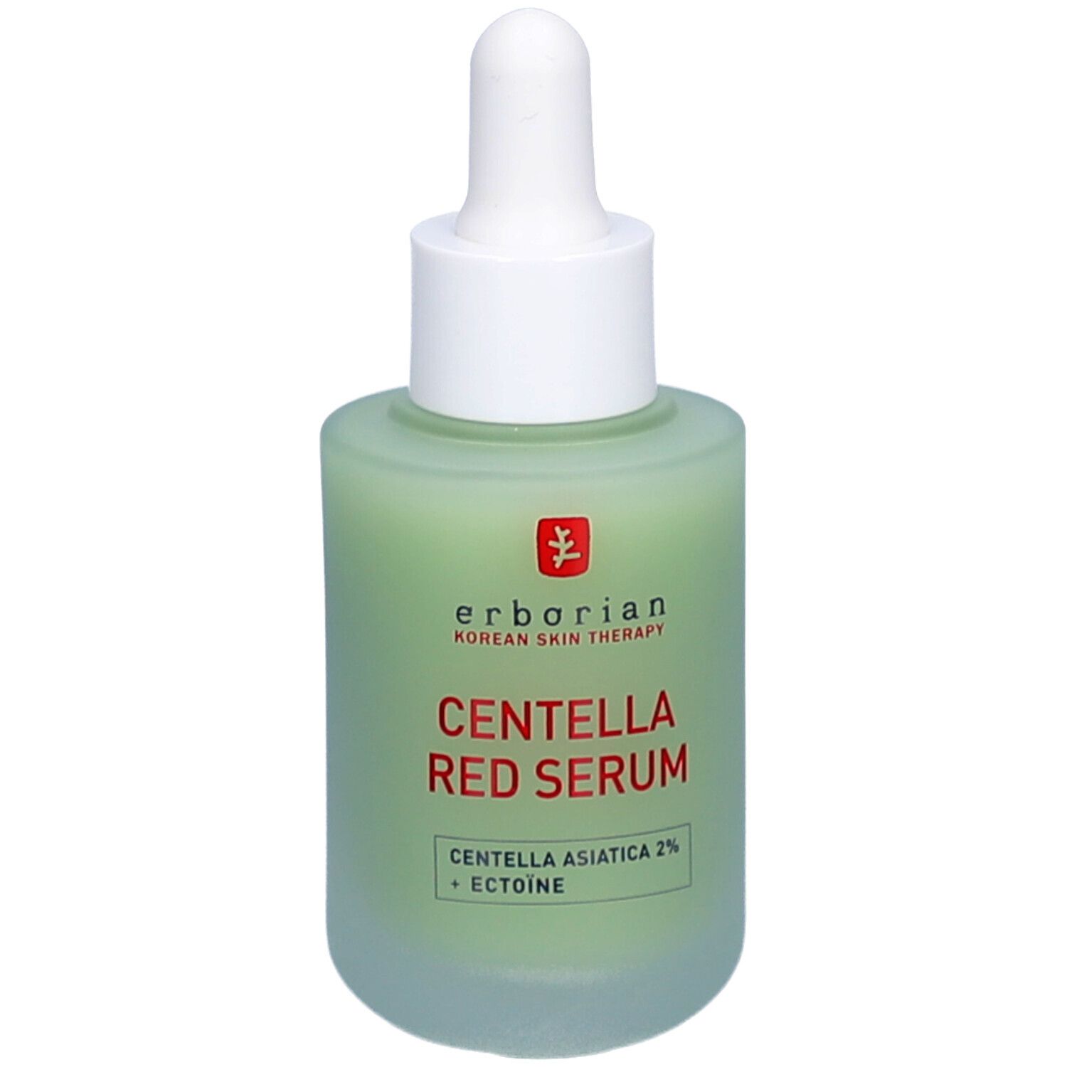 Groene glazen fles met witte dop en pipet. Opschrift CENTELLA RED SERUM. Merk: Erborian.