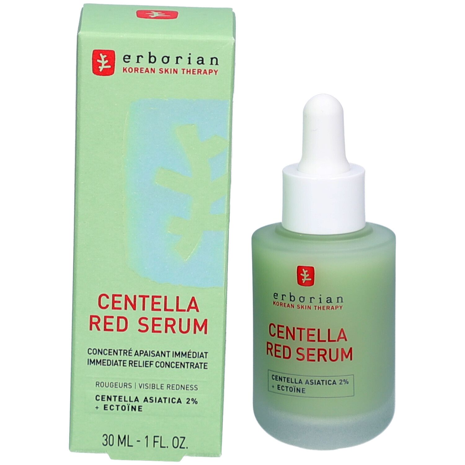 Groene doos en fles. Opschrift CENTELLA RED SERUM. Merk: Erborian. 30 ml.