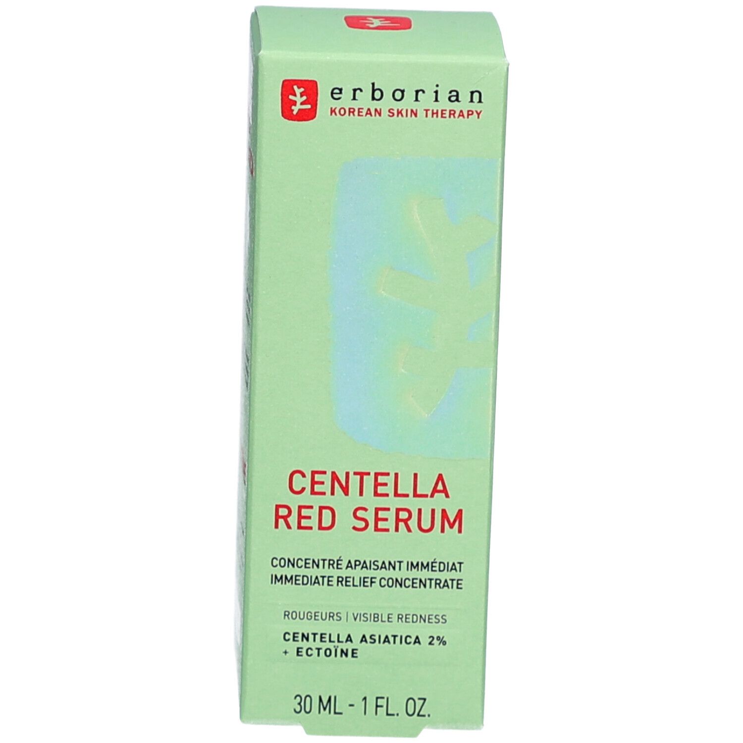 Groene doos met opschrift CENTELLA RED SERUM. Merk: Erborian. 30 ml.