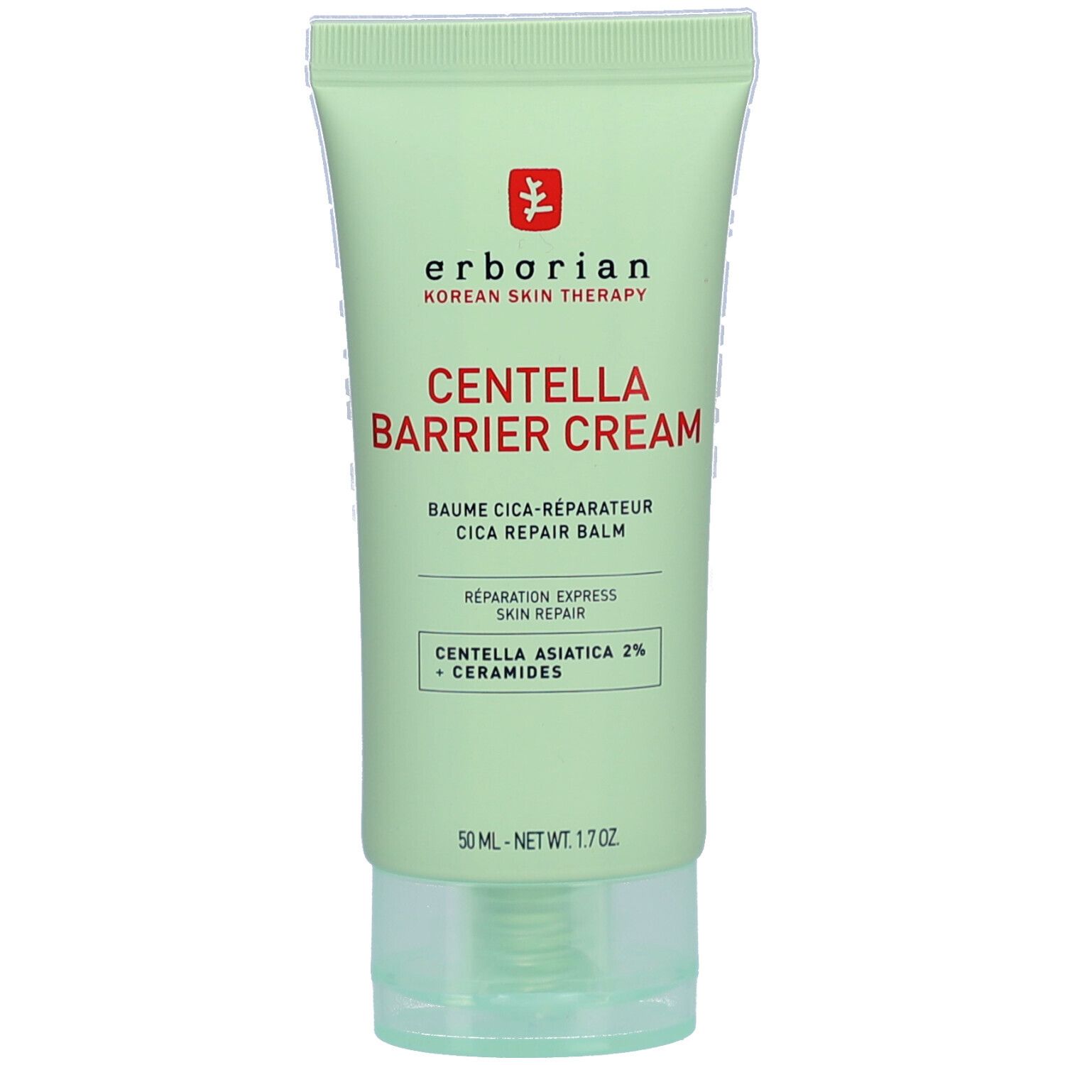 Groene tube met witte tekst. Productnaam: CENTELLA BARRIER CREAM. Merk: erborian. Bevat Centella Asiatica en ceramiden.