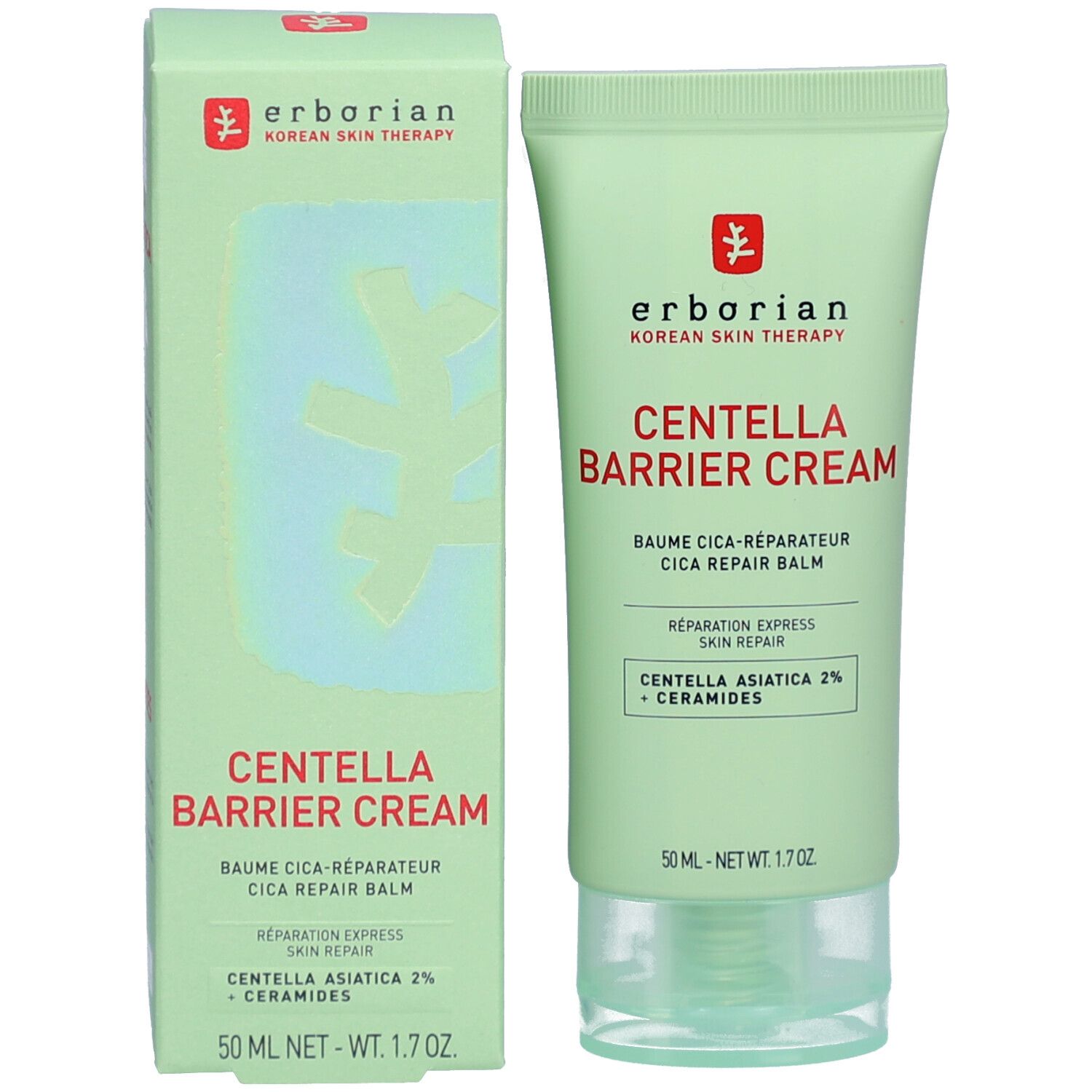 Productverpakking: tube en doos. Productnaam: CENTELLA BARRIER CREAM. Merk: erborian. Bevat Centella Asiatica en ceramiden.