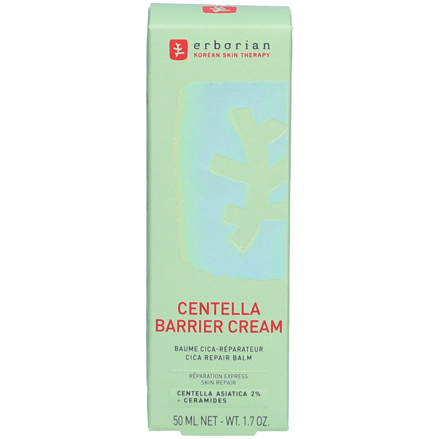 Groene doos met productnaam: CENTELLA BARRIER CREAM. Merk: erborian. Bevat Centella Asiatica en ceramiden. 50 ml.