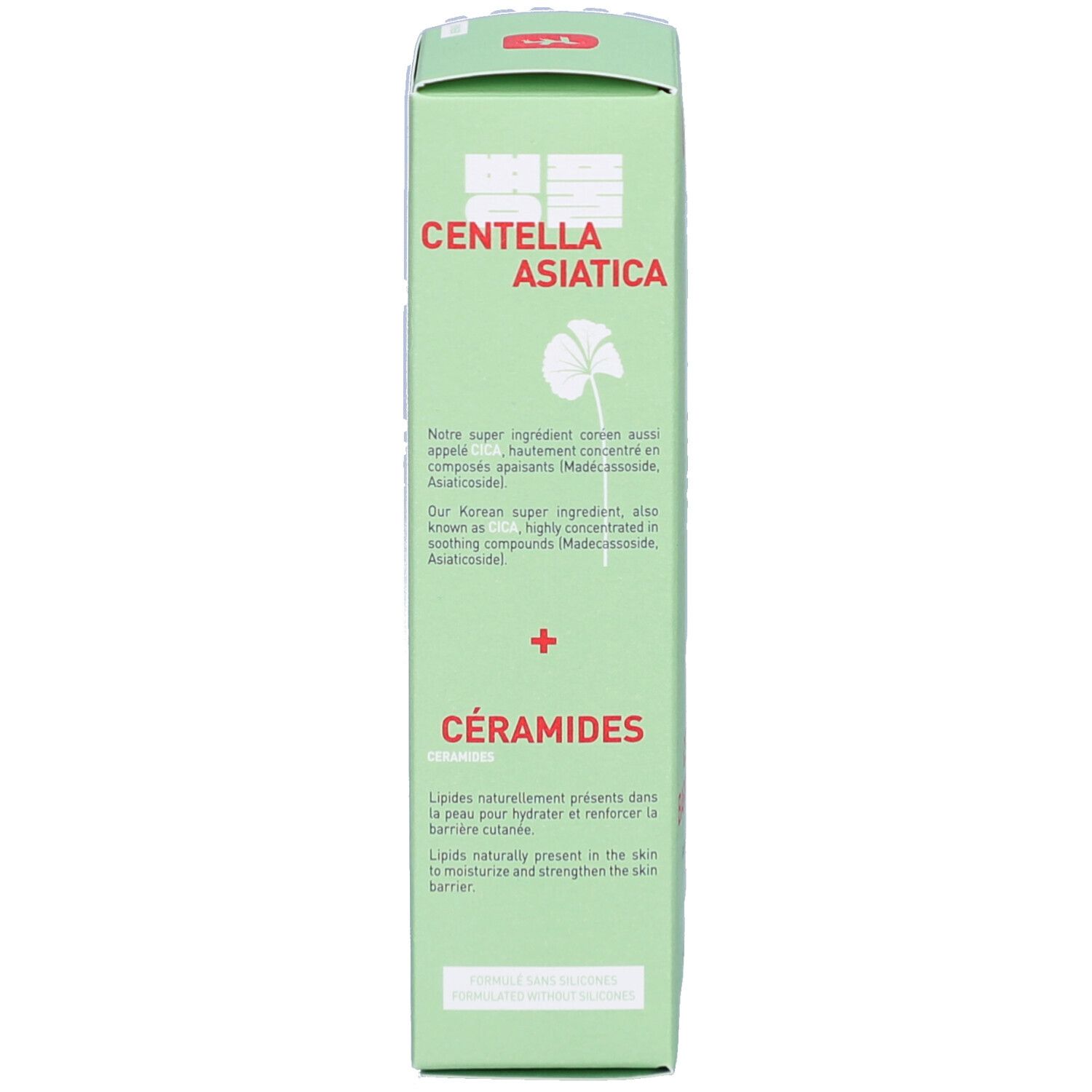 Groene doos. Tekst: CENTELLA ASIATICA + CERAMIDES. Informatie over ingrediënten. Merk: erborian.