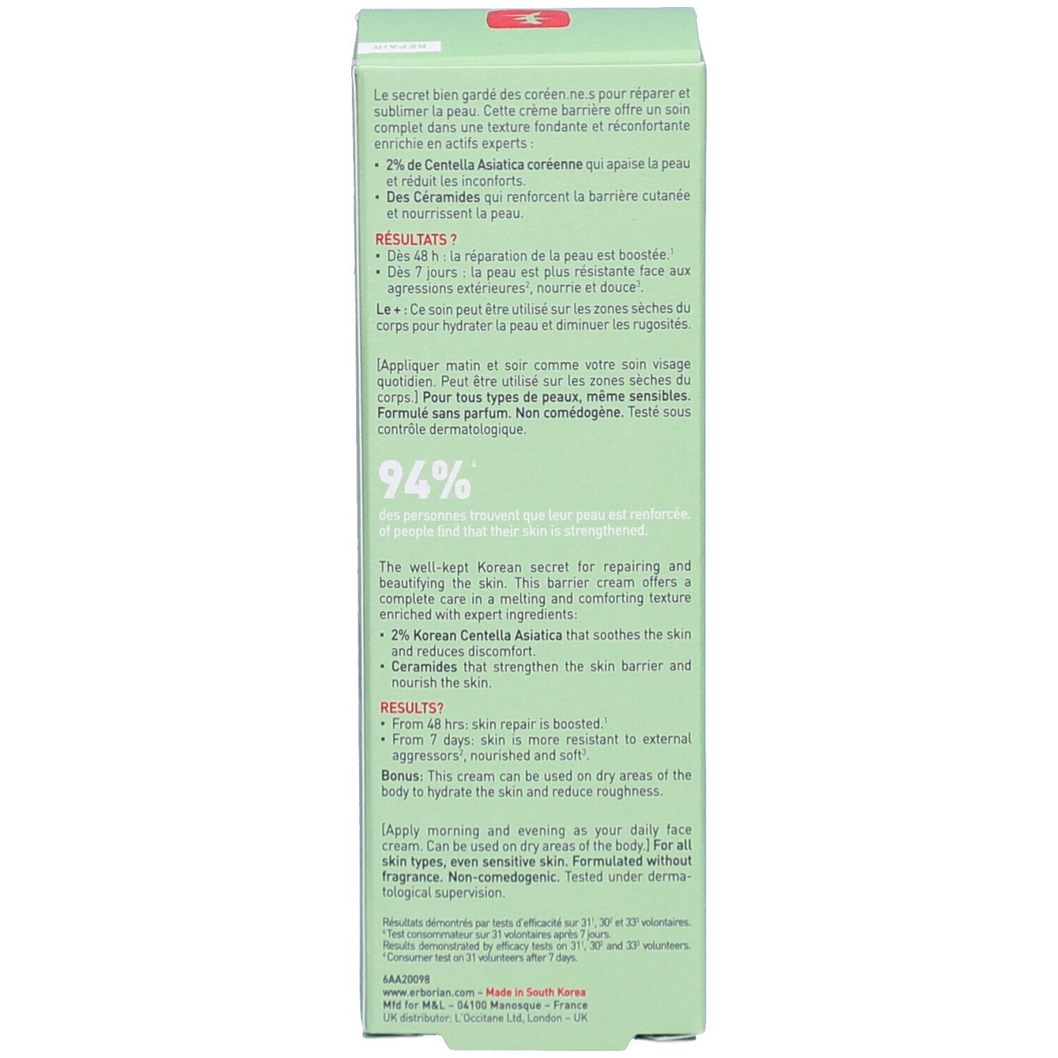 Achterkant van de groene doos. Meertalige tekst. Informatie over ingrediënten en gebruik. Merk: erborian.