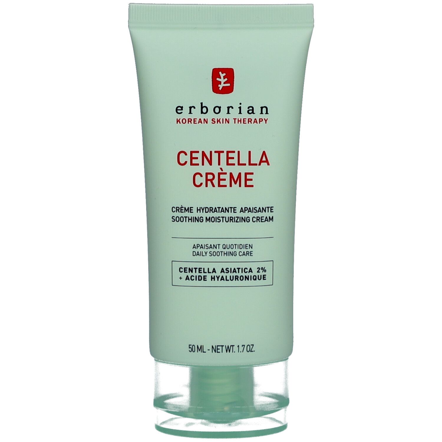 Groene tube met witte tekst. Bevat CENTELLA CRÈME. Merk: Erborian. Opschrift: Korean Skin Therapy. 50 ml.
