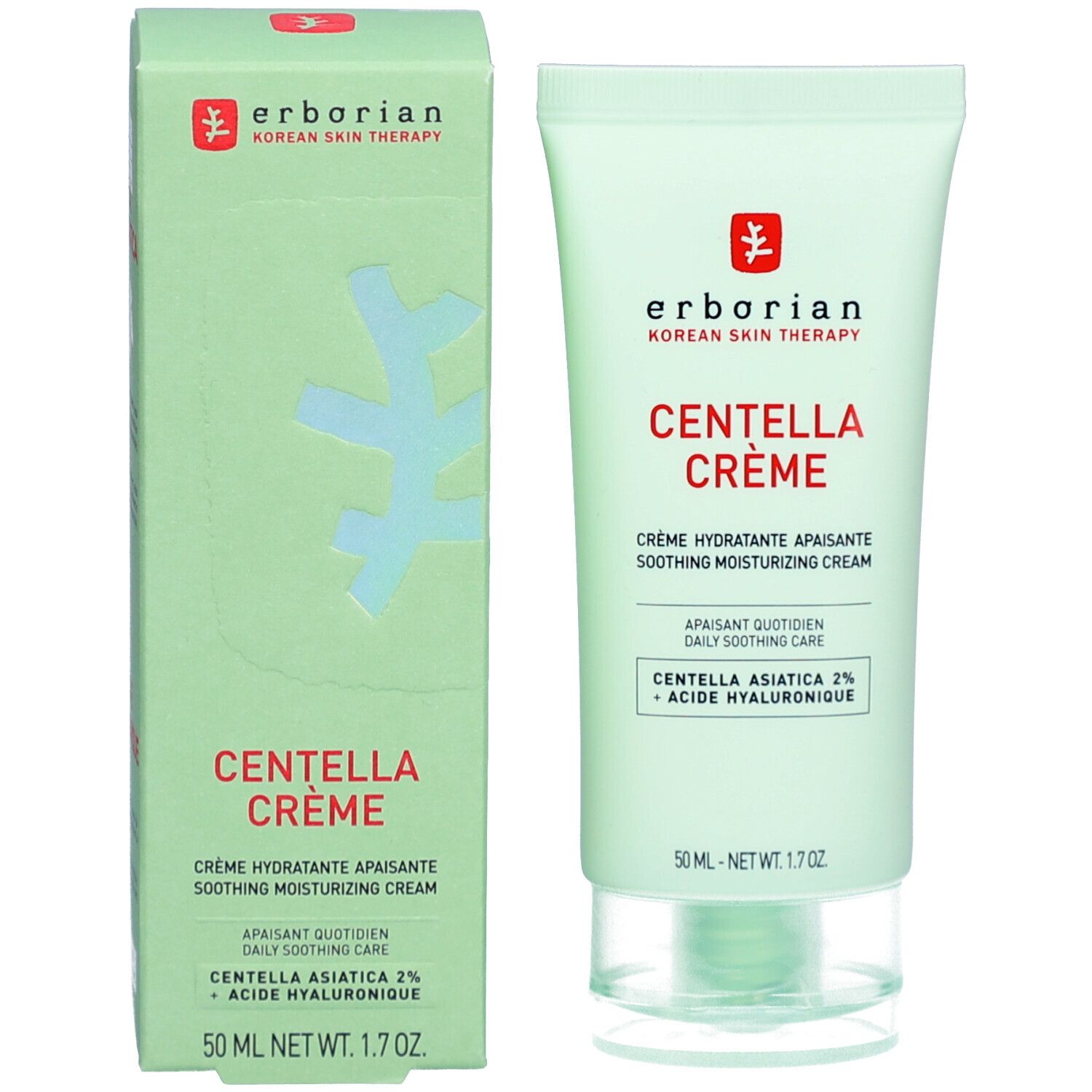 Productverpakking. Groene doos en tube. Bevat CENTELLA CRÈME. Merk: Erborian. Opschrift: Korean Skin Therapy.