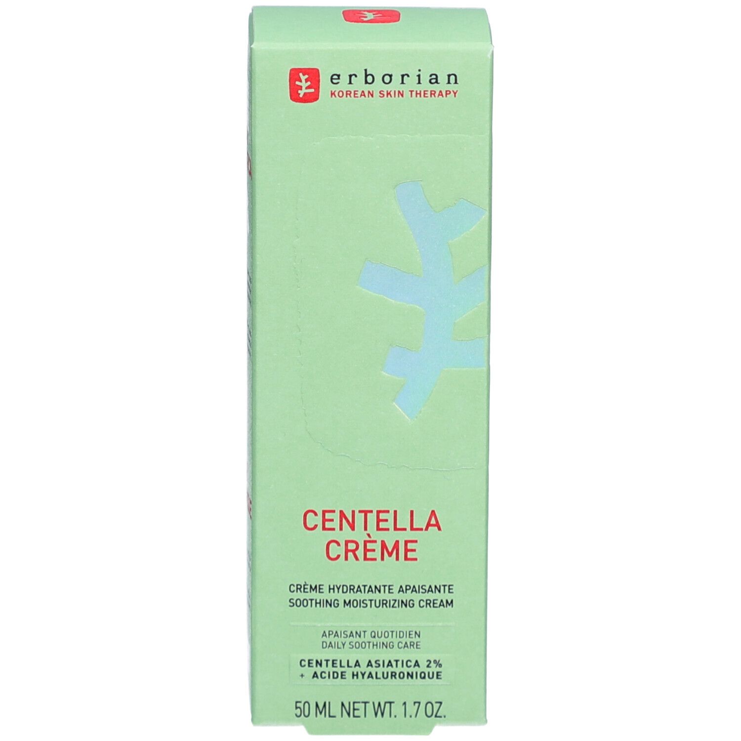 Groene doos met witte tekst. Bevat CENTELLA CRÈME. Merk: Erborian. Opschrift: Korean Skin Therapy. 50 ml.
