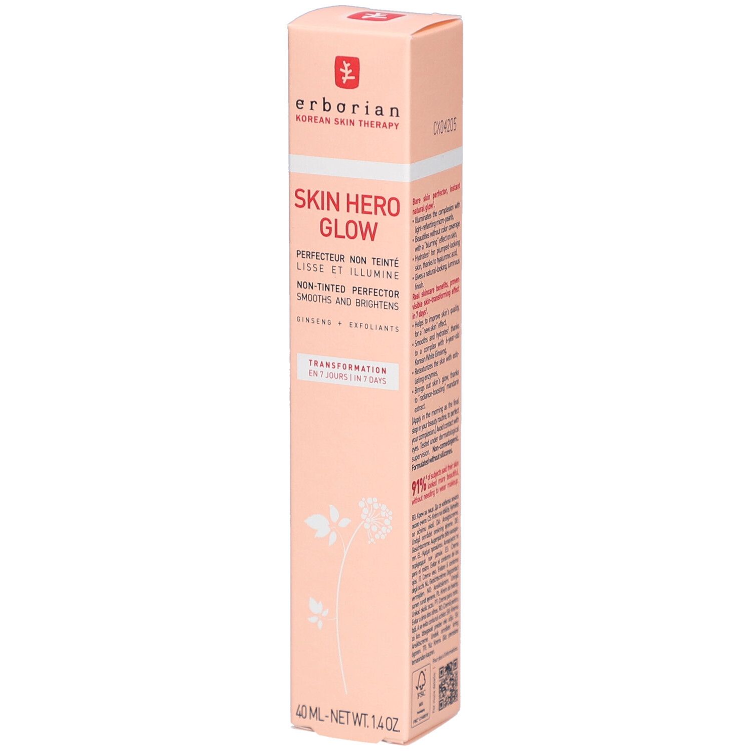 Boîte rose Skin Hero Glow. Contient 40ml. Logo Erborian en haut. Texte: Perfecteur non teinté, lisse et illumine. Ingrédients et exfoliants.