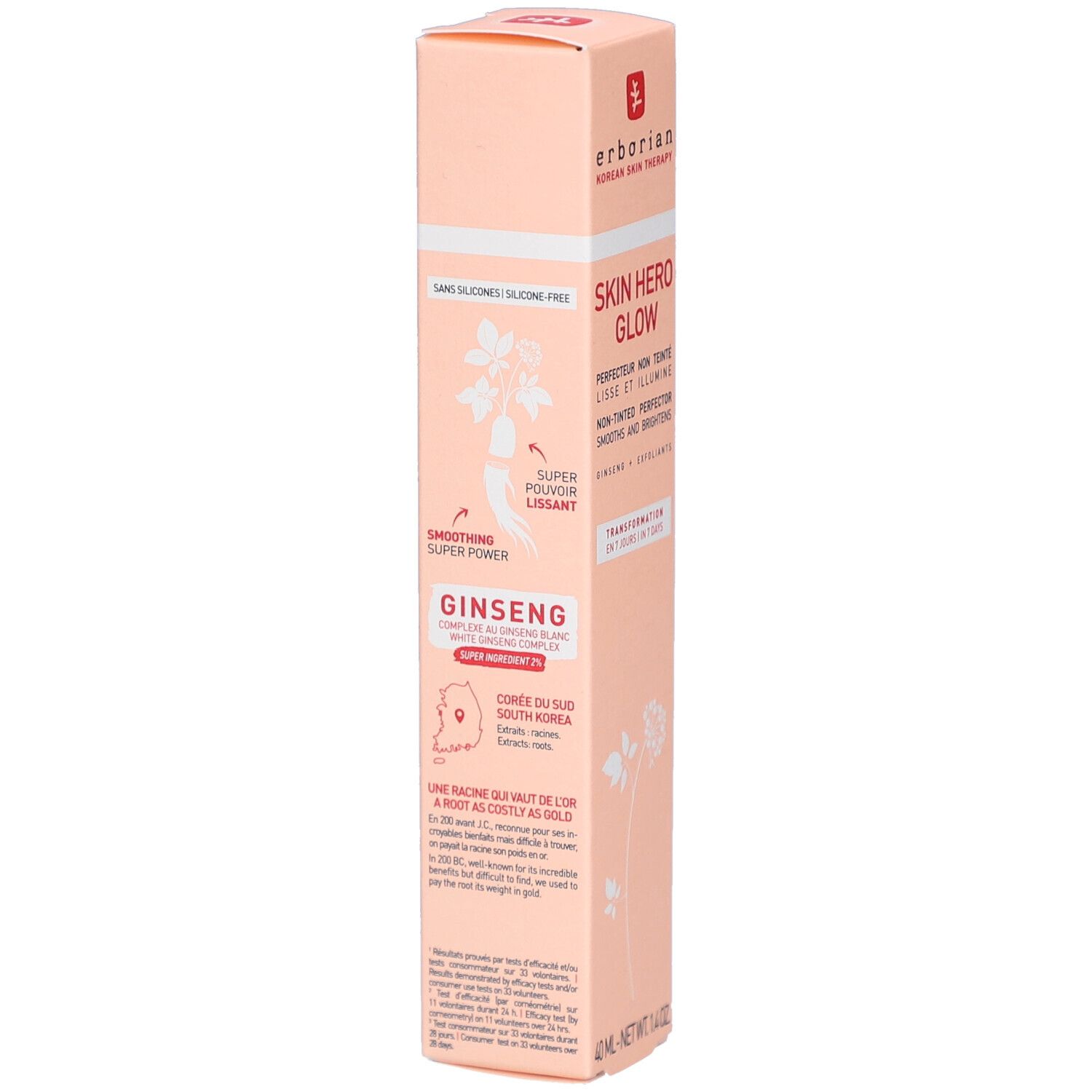Boîte rose Skin Hero Glow. Complexe de ginseng. Texte: Super pouvoir lissant. Origine: Corée du Sud. Sans silicone. Détails d'utilisation.
