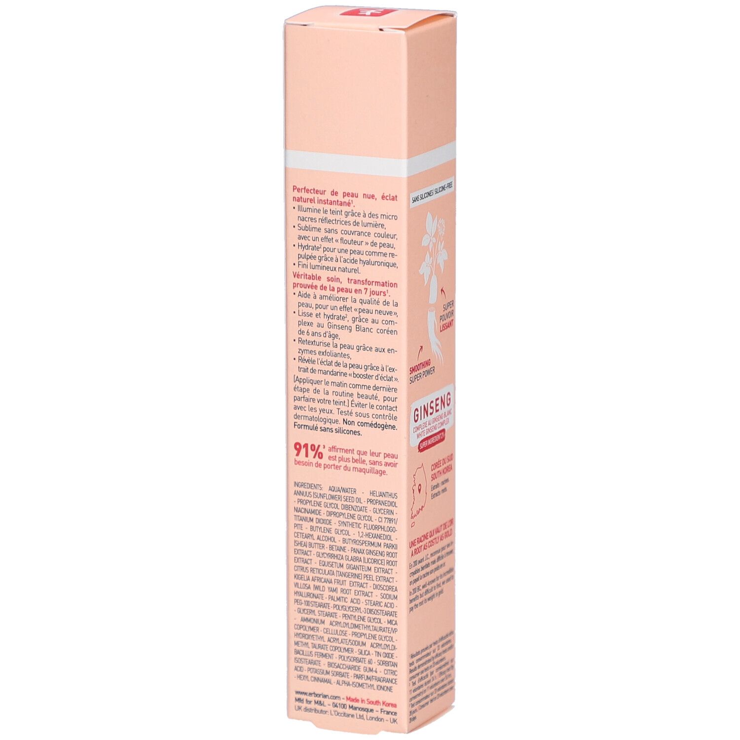 Boîte rose Skin Hero Glow. Texte: Perfecteur de peau. Contient des ingrédients. 91% des utilisateurs voient une amélioration. Détails d'utilisation.