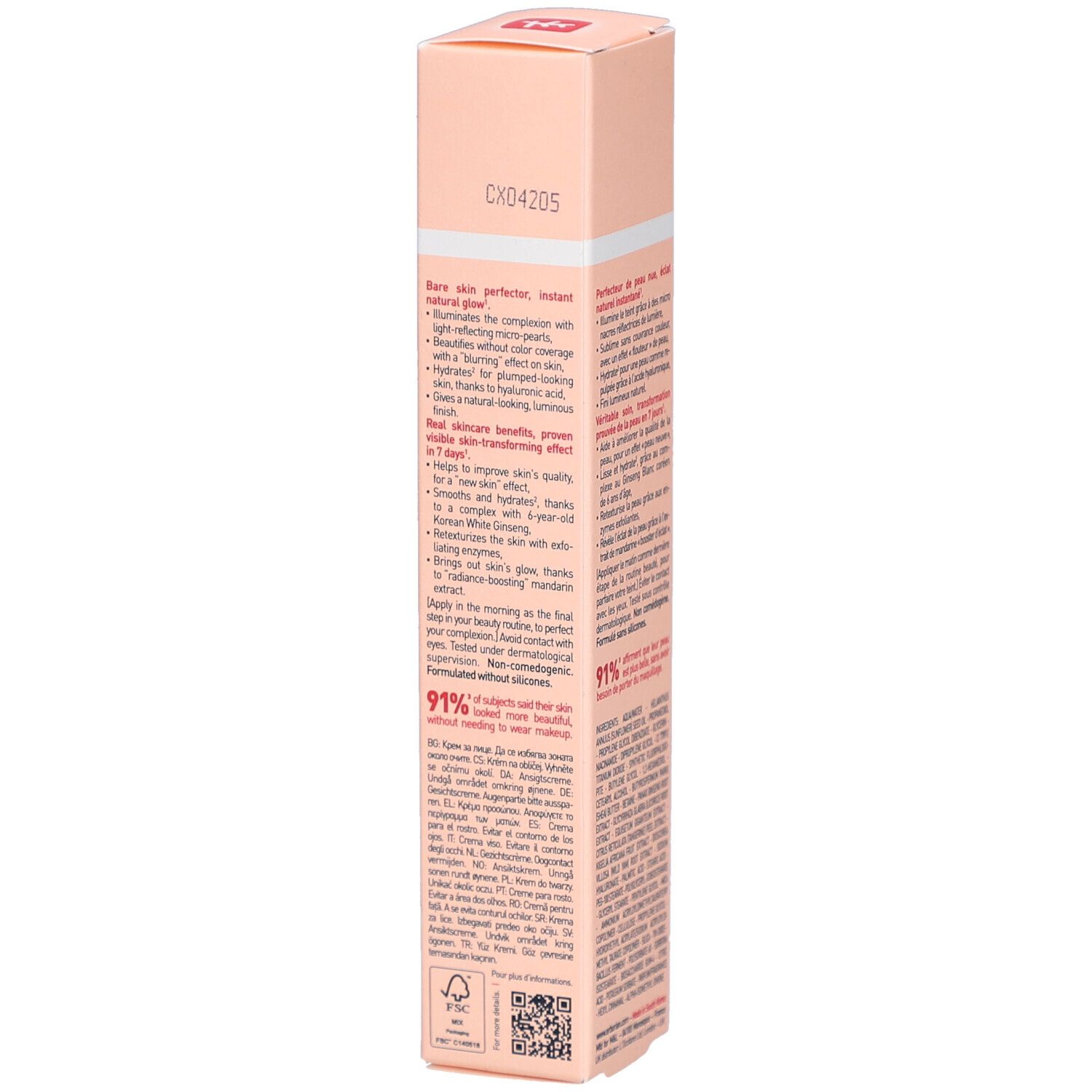 Boîte rose Skin Hero Glow. Texte: Instant Natural Glow. Contient des ingrédients. 91% des utilisateurs voient une amélioration. Détails d'utilisation.