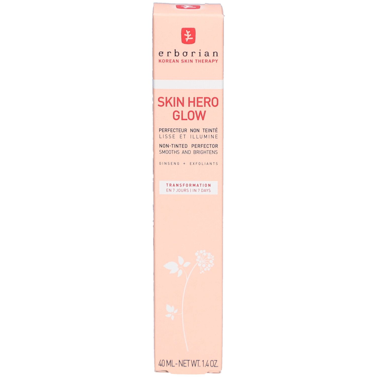 Boîte rose Skin Hero Glow. Logo Erborian. Texte: Perfecteur non teinté, lisse et illumine. 40ml. Nom du produit et détails sur l'emballage.