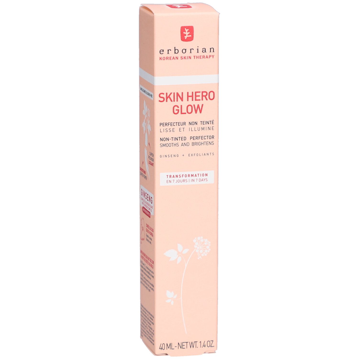Boîte rose Skin Hero Glow. Logo Erborian. Texte: Perfecteur non teinté, lisse et illumine. 40ml. Nom du produit et détails sur l'emballage.