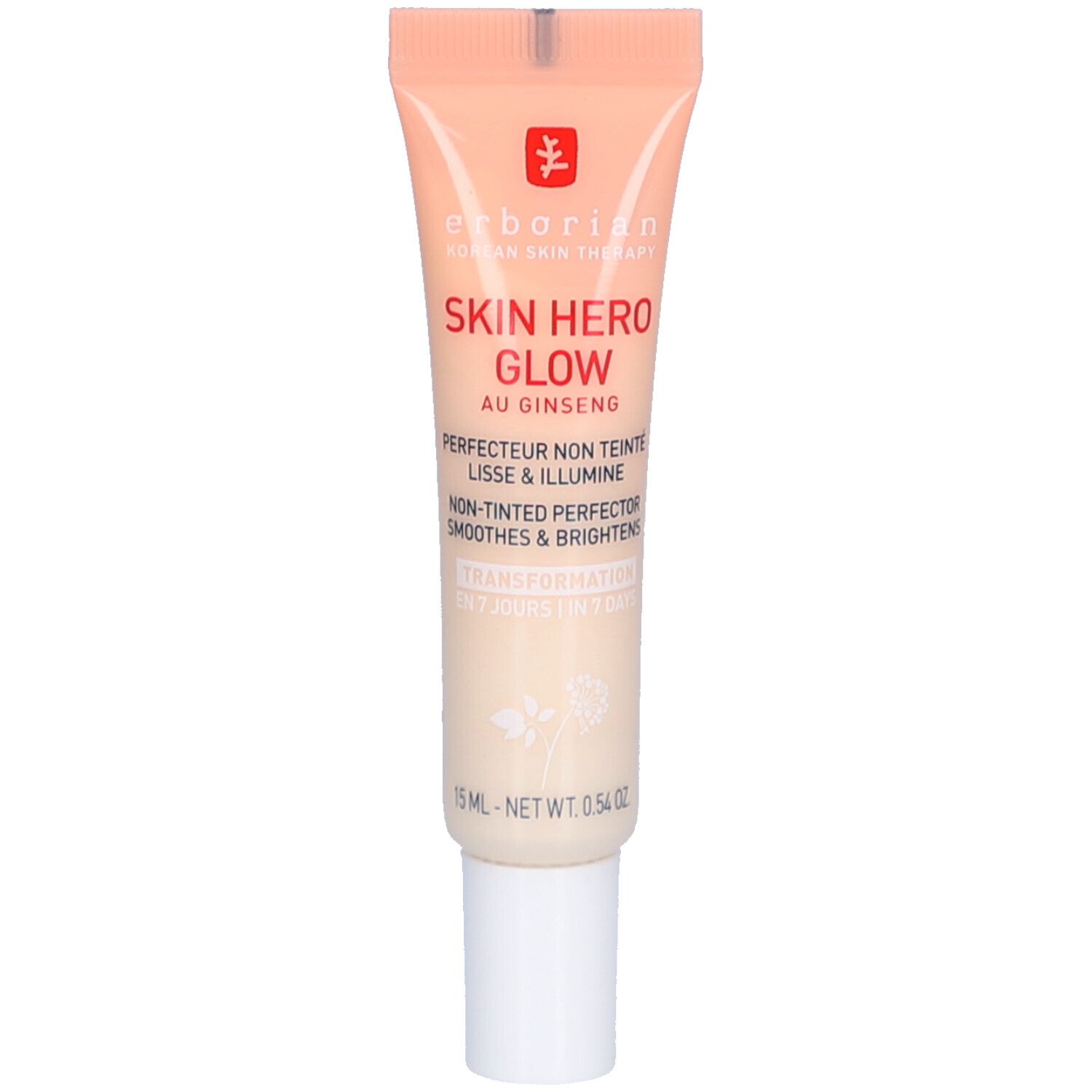 Tube de crème avec nom et logo du produit. Texte : Skin Hero Glow, au Ginseng. Teinte pêche. Bouchon blanc.