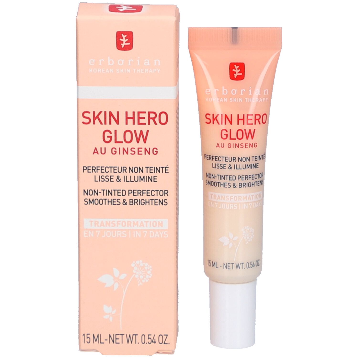 Emballage et tube du produit. Emballage : rectangulaire, rose. Tube : rose, bouchon blanc. Texte : Skin Hero Glow, au Ginseng.