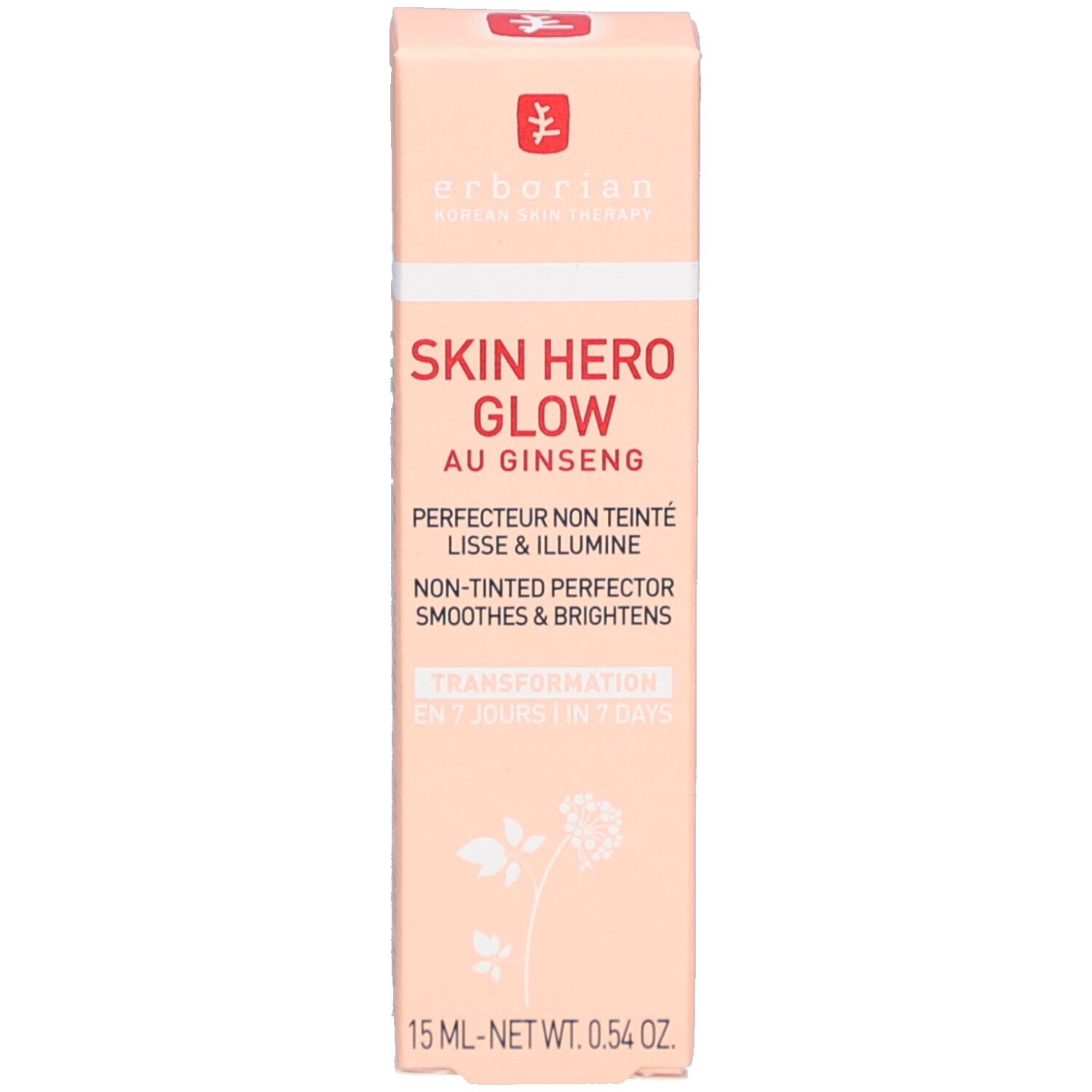Emballage produit rectangulaire. Rose. Texte : Skin Hero Glow, au Ginseng. Logo. 15 ml - NET WT. 0.54 OZ.