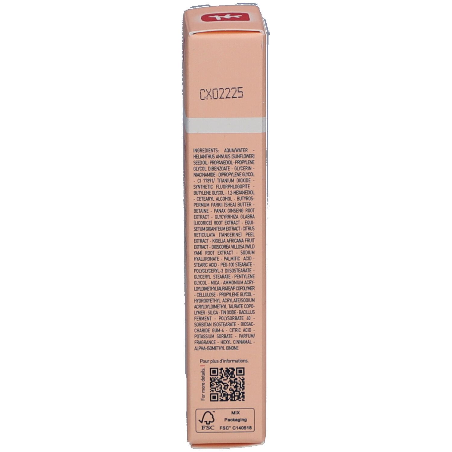 Côté de l'emballage du produit. Liste des ingrédients. Certification FSC. Code QR.