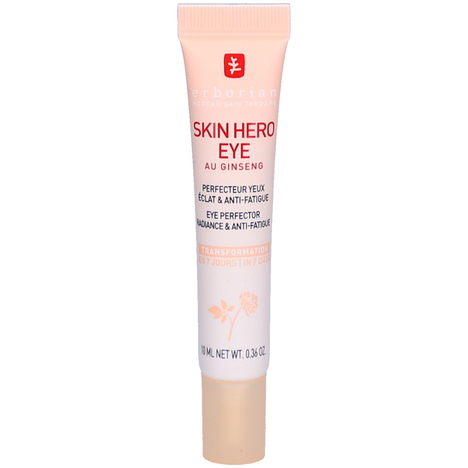 Crèmetube met Skin Hero Eye. Opschrift: Eye Perfector, 10 ml. Kleuren: roze en wit.
