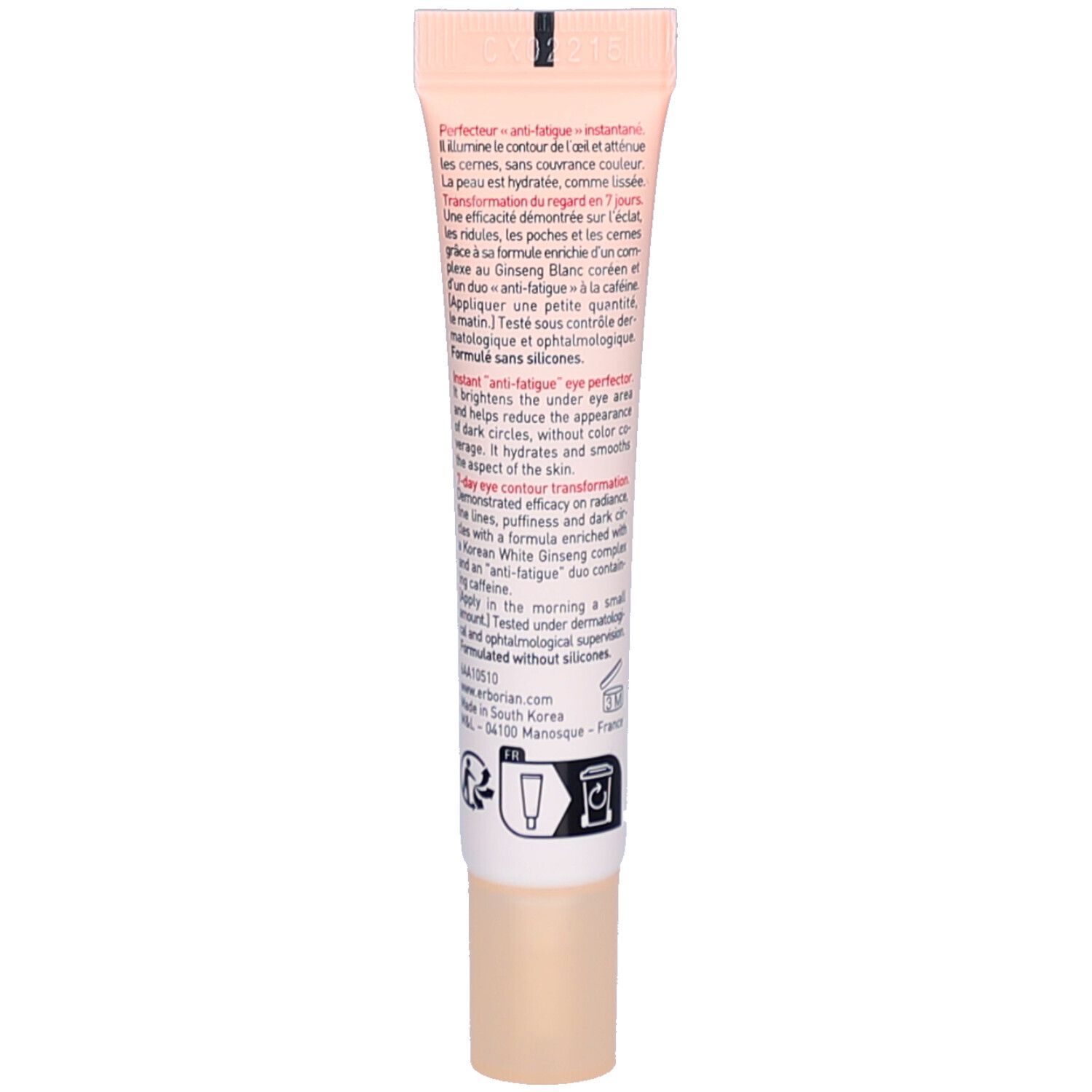 Achterkant van de Skin Hero Eye tube. Meertalige tekst. Kleuren: roze en wit.