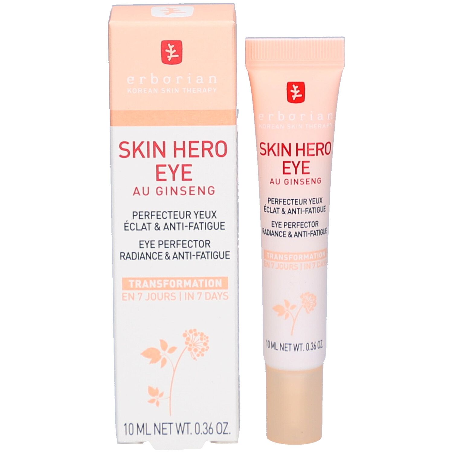 Skin Hero Eye product met verpakking. Opschrift: Skin Hero Eye, Eye Perfector, 10 ml. Kleuren: roze en wit.