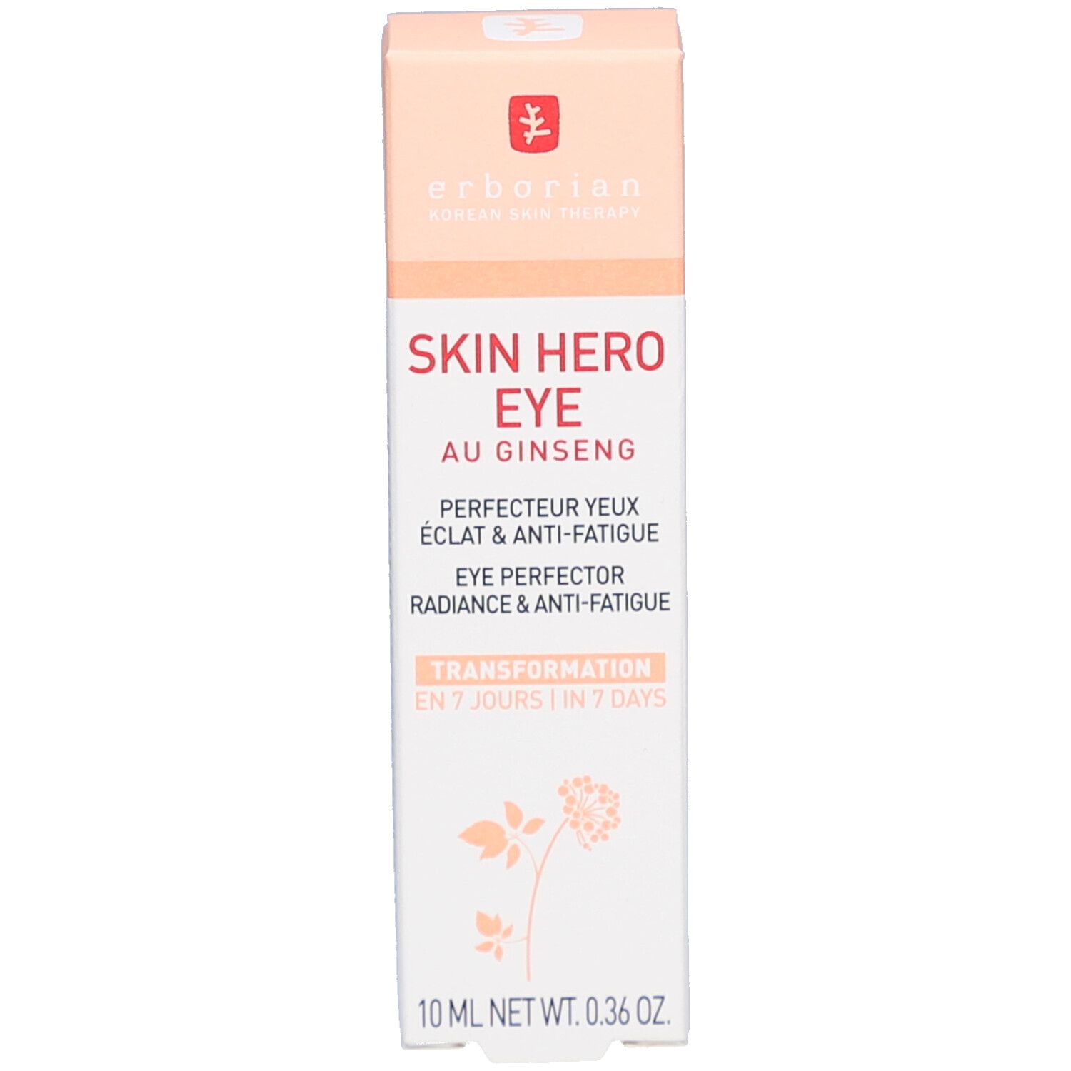 Verpakking van Skin Hero Eye. Opschrift: Skin Hero Eye, Eye Perfector, 10 ml. Kleuren: roze en wit.