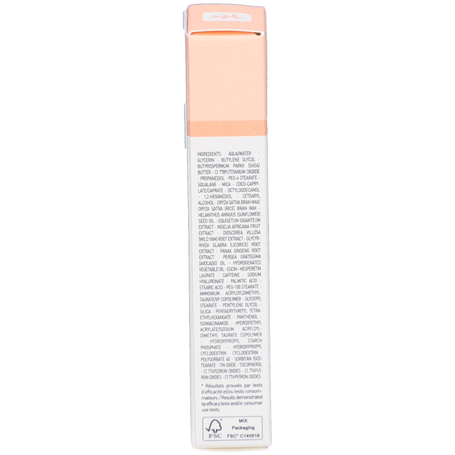 Achterkant van de Skin Hero Eye verpakking. Lijst met ingrediënten. Kleuren: roze en wit.