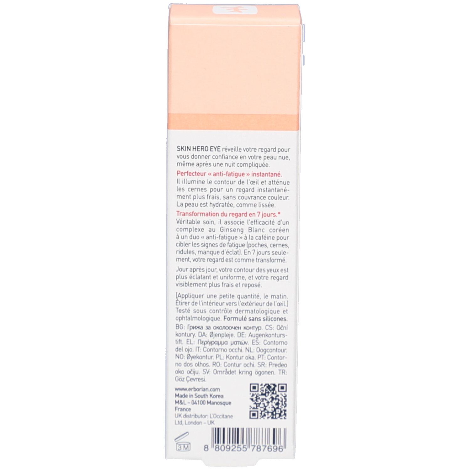 Achterkant van de Skin Hero Eye verpakking. Meertalige tekst. Kleuren: roze en wit.
