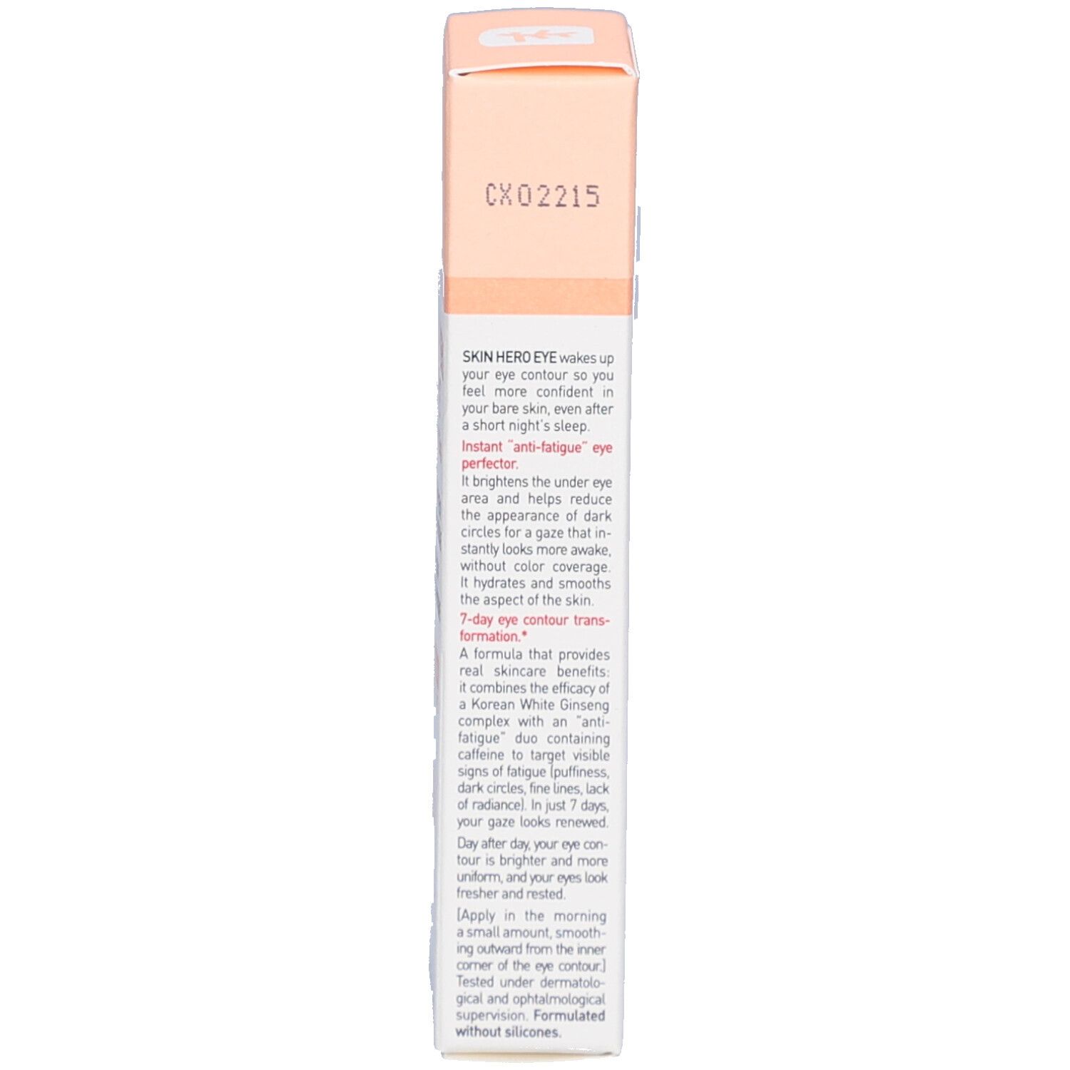 Achterkant van de Skin Hero Eye verpakking. Engelse tekst. Kleuren: roze en wit.