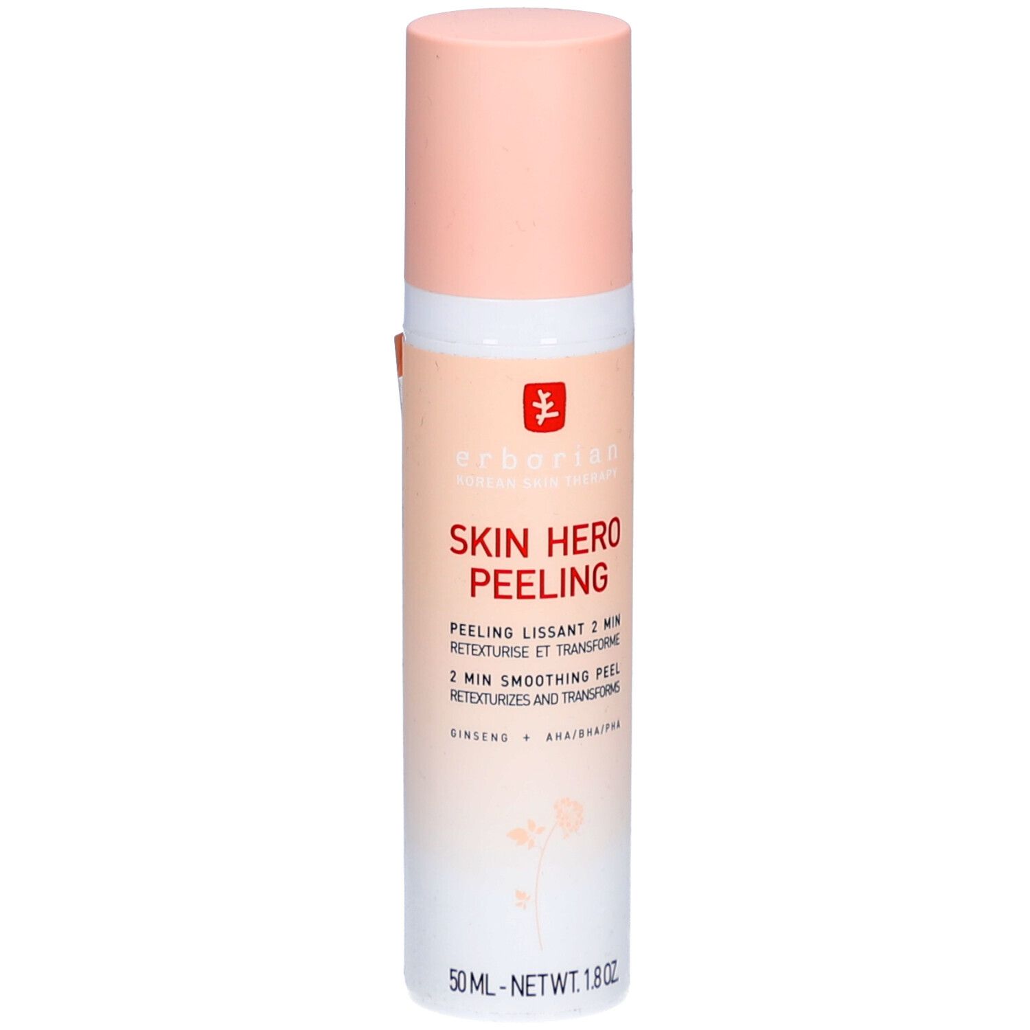 Flesje met roze dop. Opschrift: Skin Hero Peeling. Bevat ginseng en AHA/BHA/PHA. 50 ml.