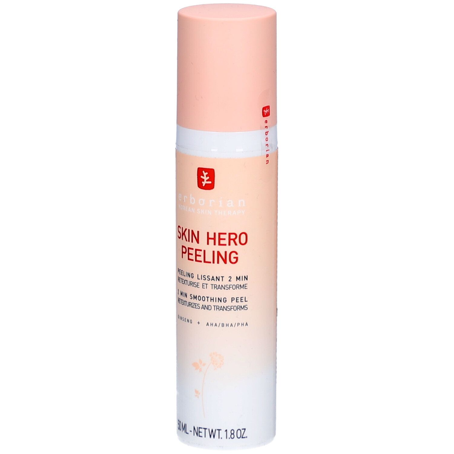Flesje met roze dop. Opschrift: Skin Hero Peeling. Bevat ginseng en AHA/BHA/PHA. 50 ml.