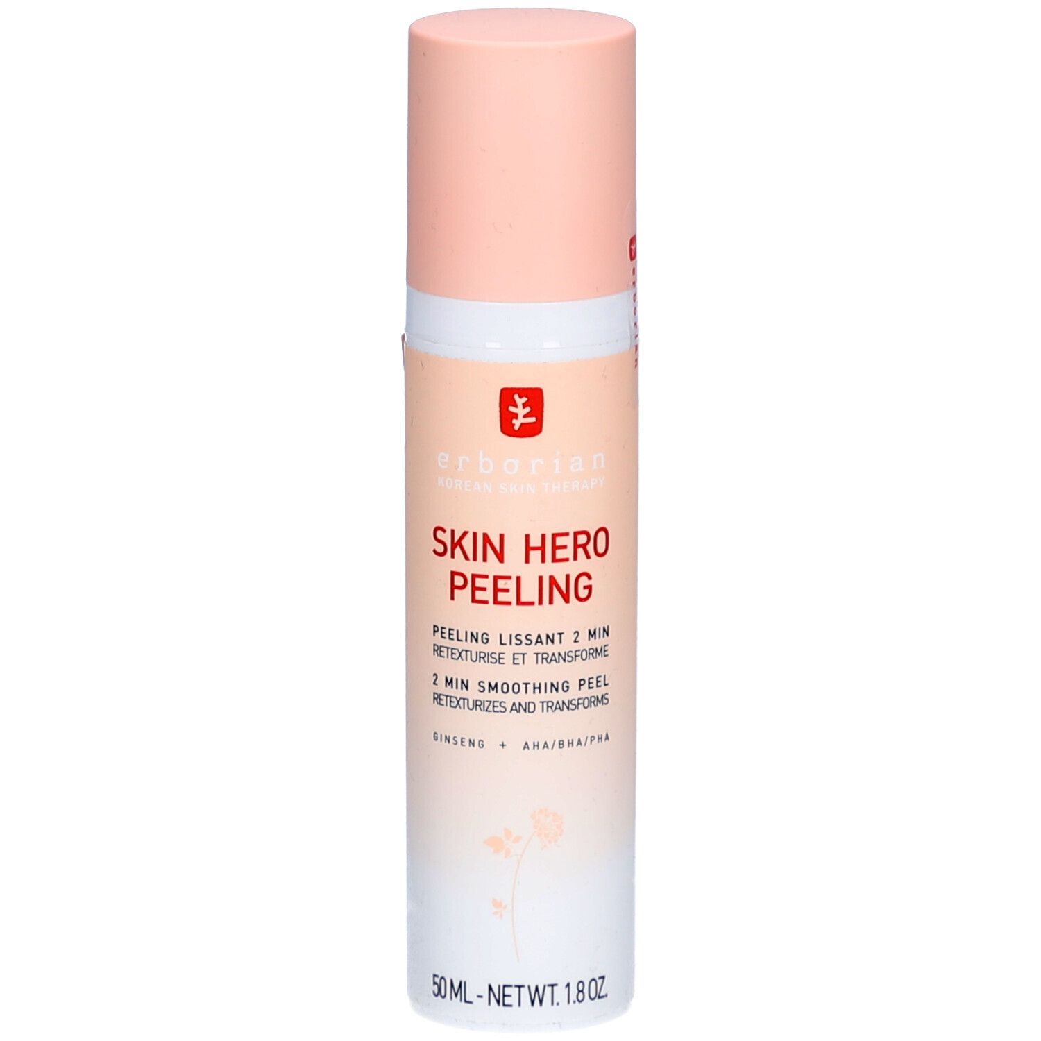 Flesje met roze dop. Opschrift: Skin Hero Peeling. Bevat ginseng en AHA/BHA/PHA. 50 ml.