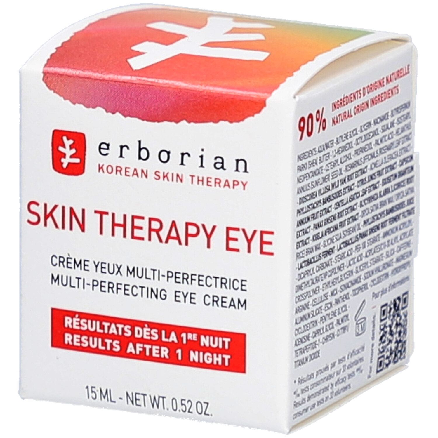 Witte verpakking met rode deksel. Opschrift: erborian Korean Skin Therapy Skin Therapy Eye. Tekst: Crème yeux multi-perfectrice.