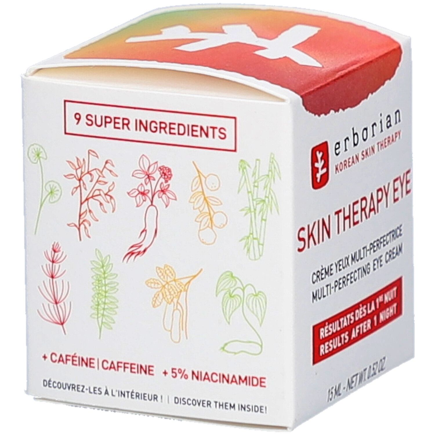 Witte verpakking met illustraties van kruiden. Opschrift: erborian Korean Skin Therapy Skin Therapy Eye. Tekst: 9 Super Ingredients.
