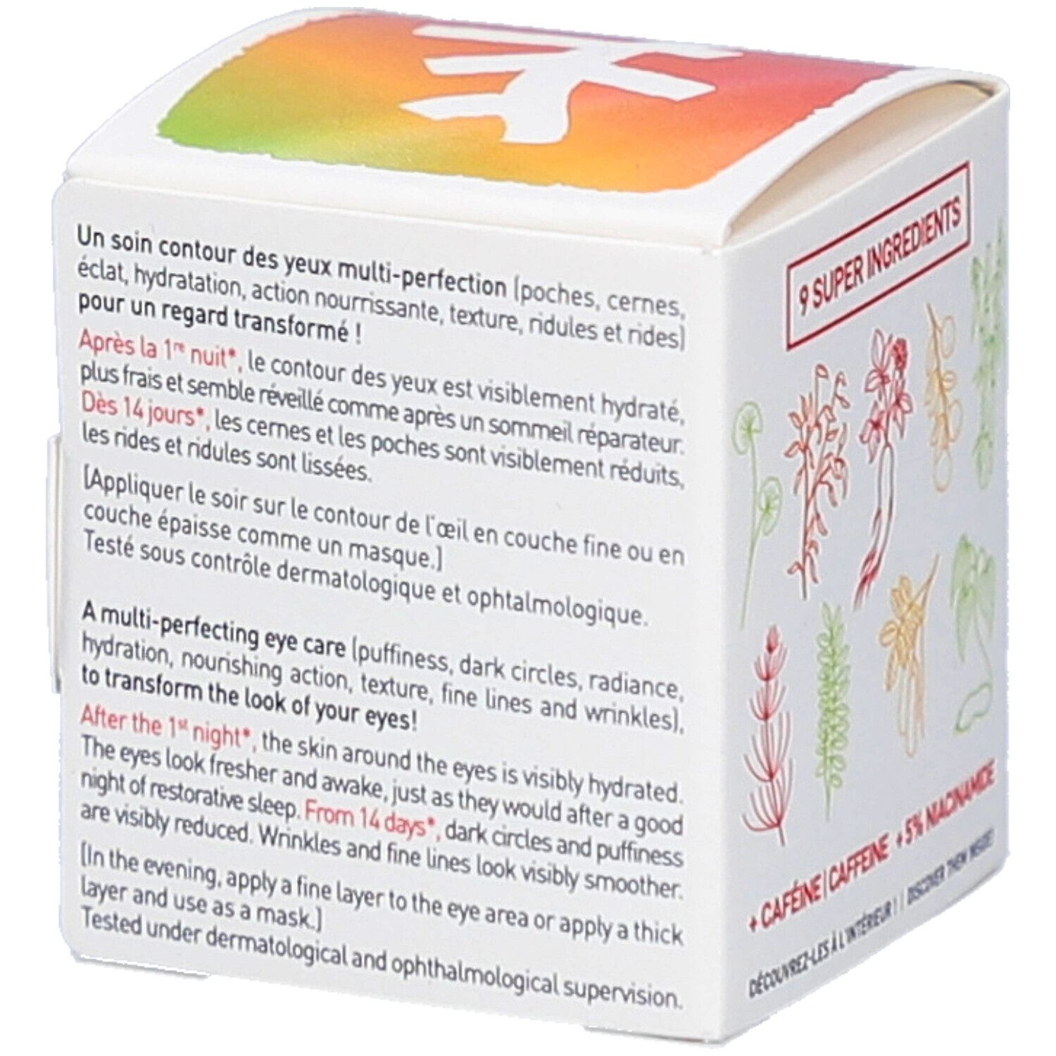 Witte verpakking met tekst in het Frans en Engels. Opschrift: erborian Korean Skin Therapy Skin Therapy Eye. Tekst: 9 Super Ingredients.
